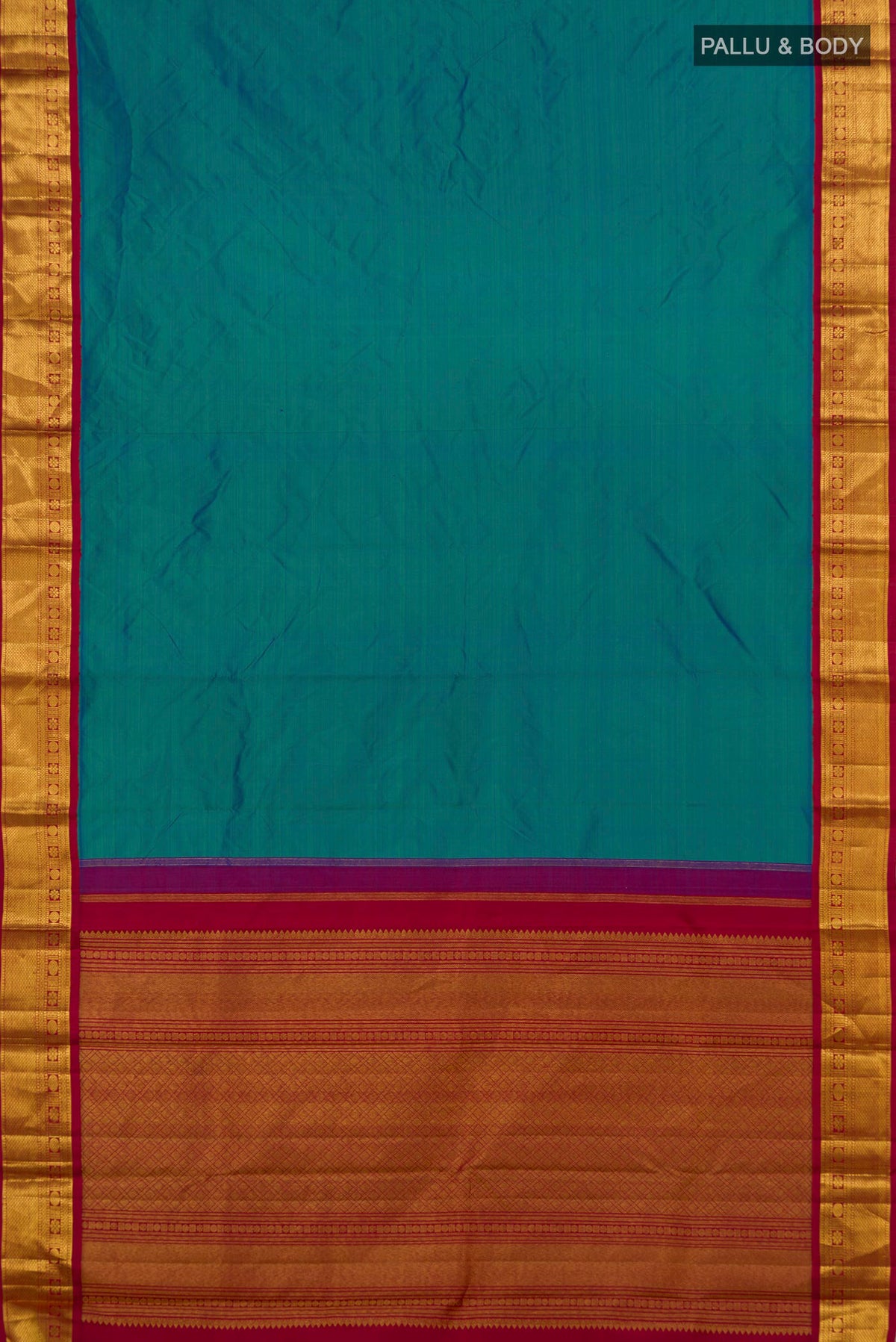 Flat view of Pure Silk Blue Kanjivaram Saree with Plain Body and Zari Border. 
