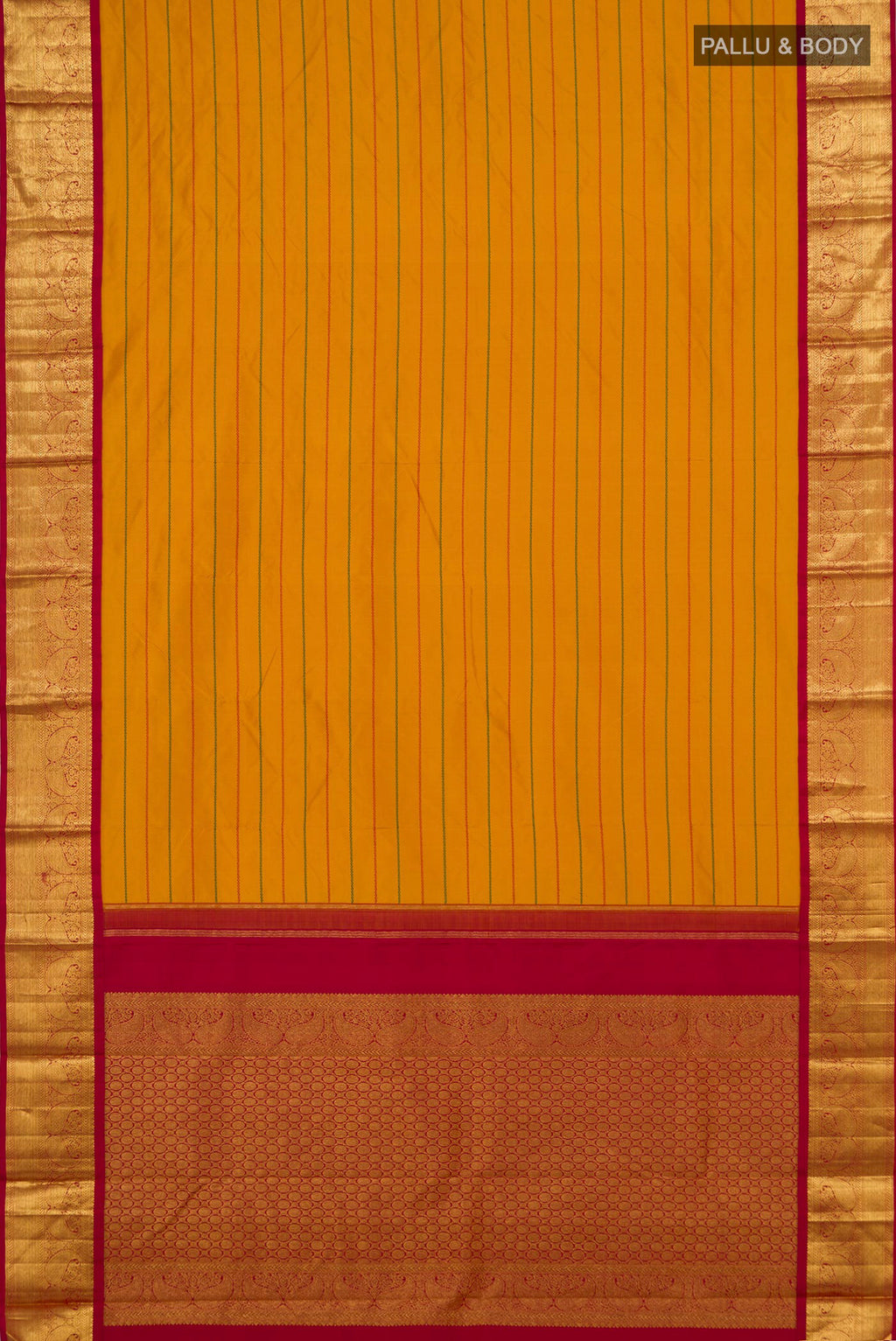 Flat view of Yellow Kanjivaram Silk Saree with Veldhari on the body and Zari Border. 