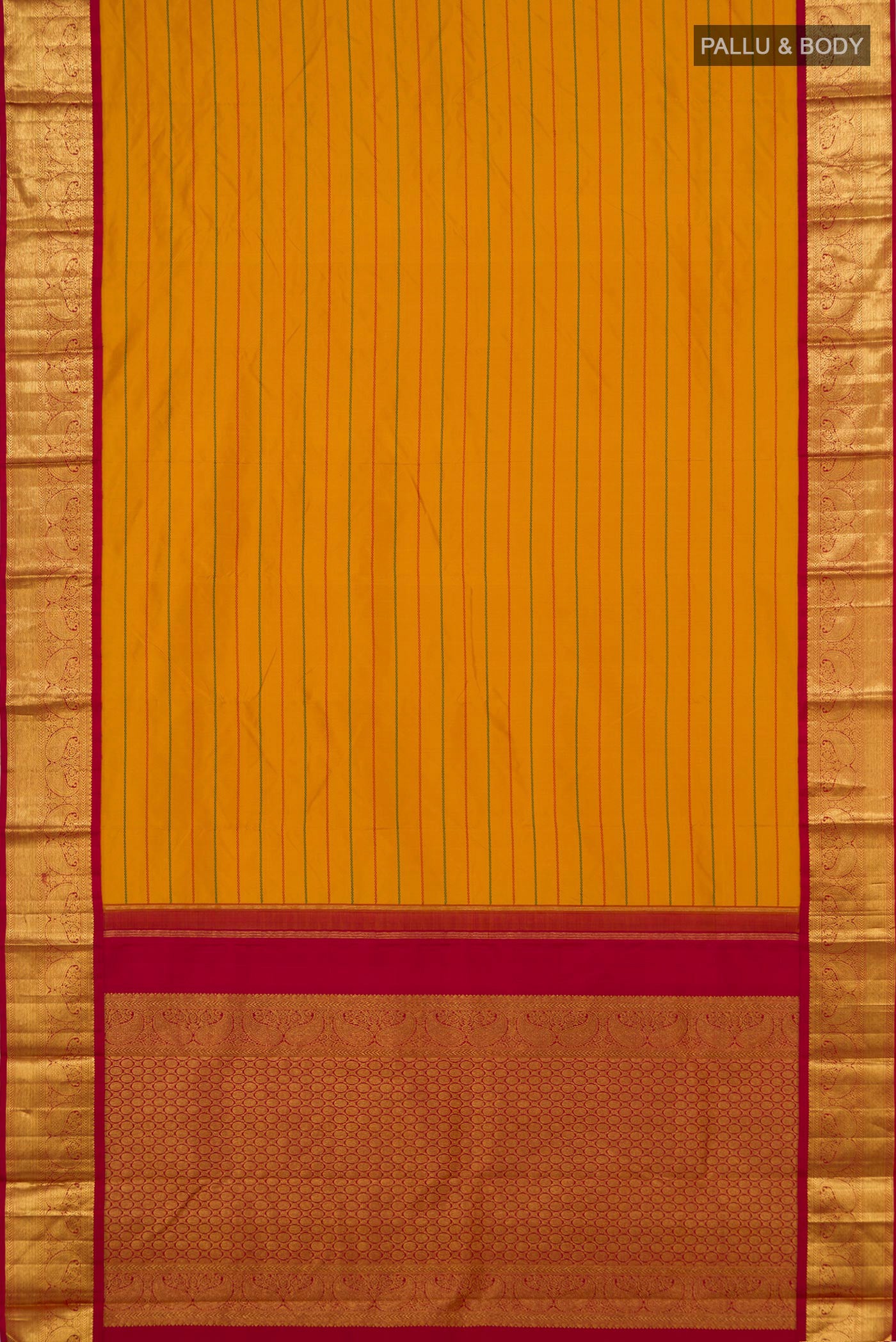 Flat view of Yellow Kanjivaram Silk Saree with Veldhari on the body and Zari Border. 