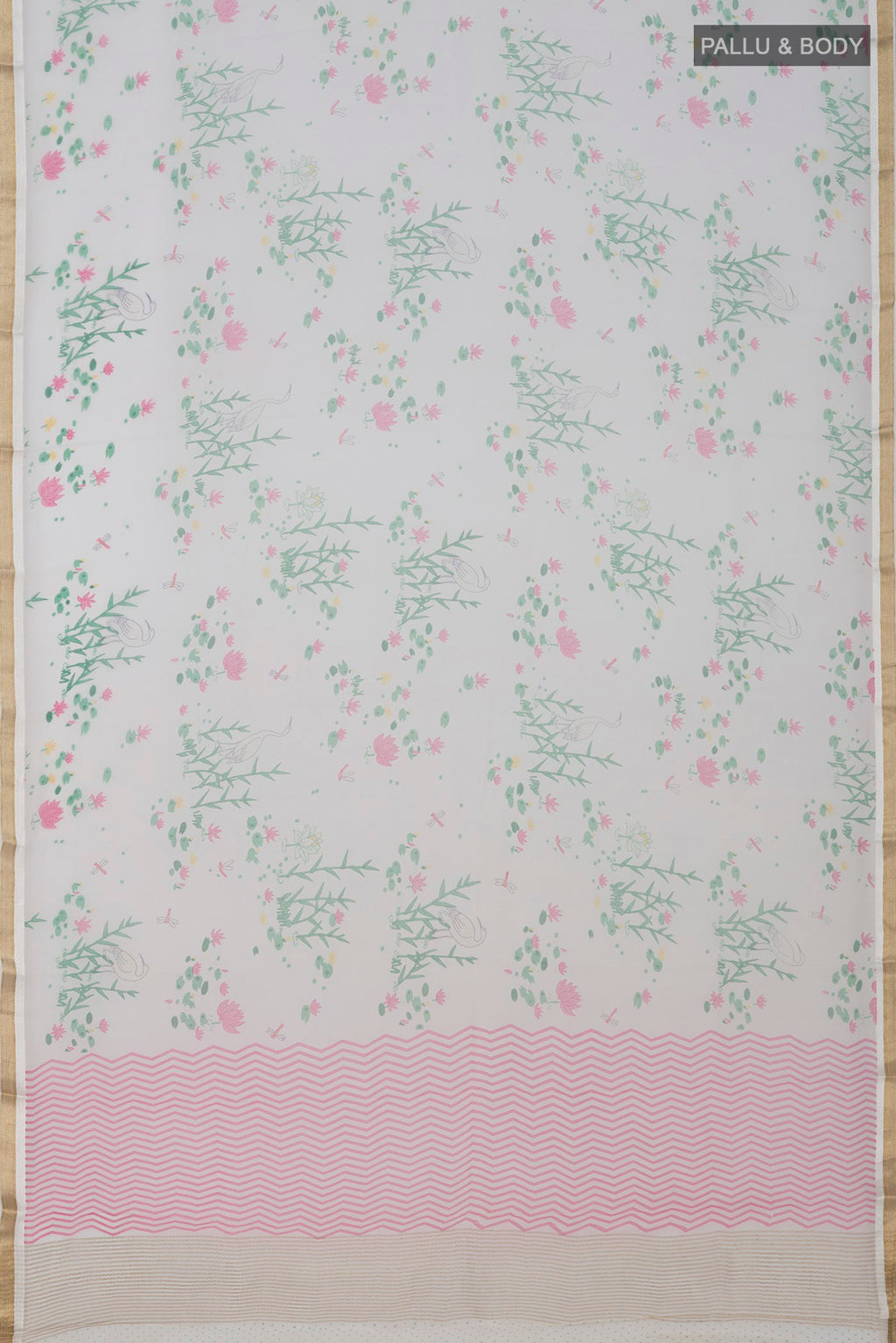 Flat view of White Chiffon Saree with Printed design on the body and Zari Border. 