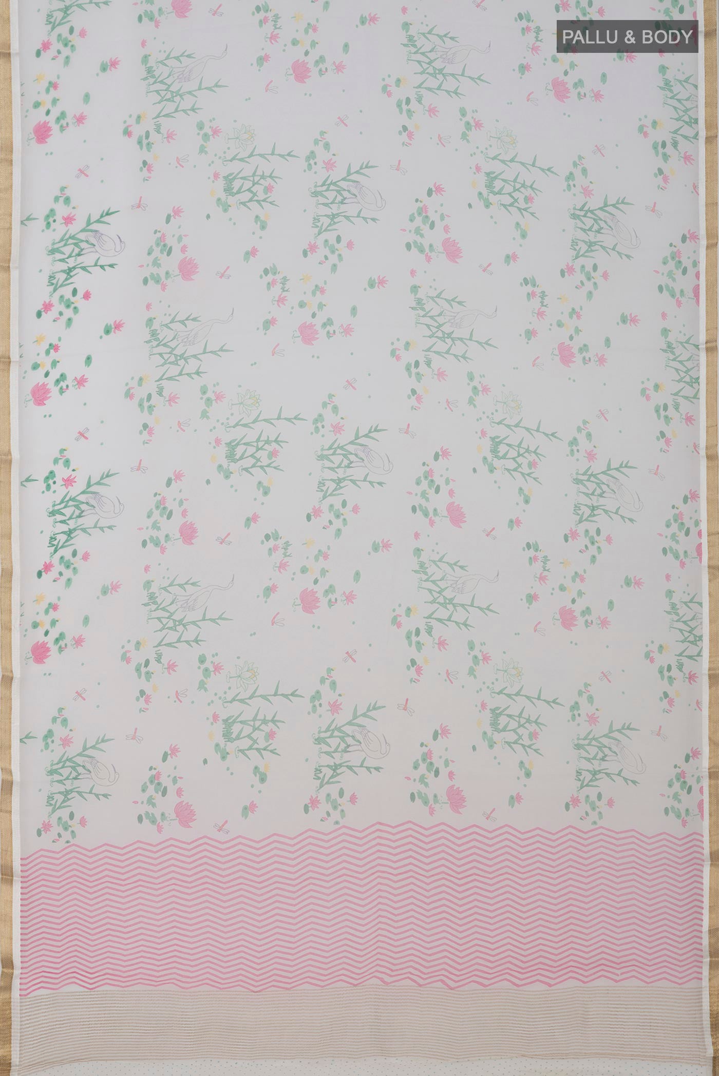 Flat view of White Chiffon Saree with Printed design on the body and Zari Border. 