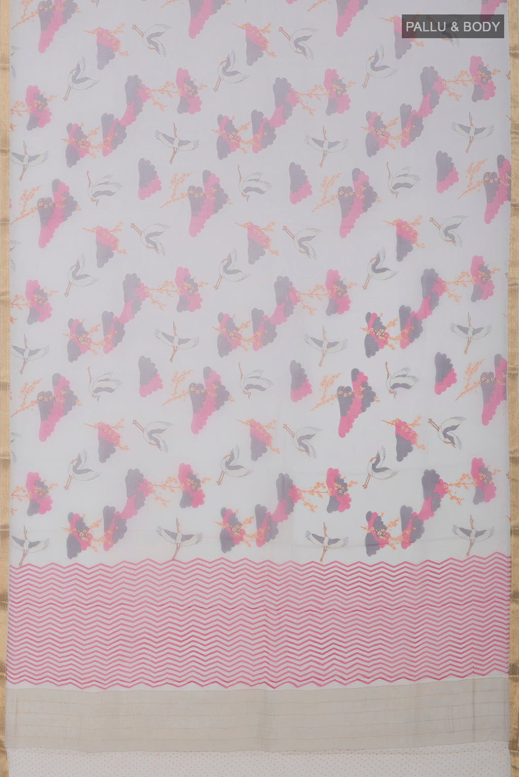 Flat view of White Chiffon Saree with Printed design on the body and Thin Zari Line. 