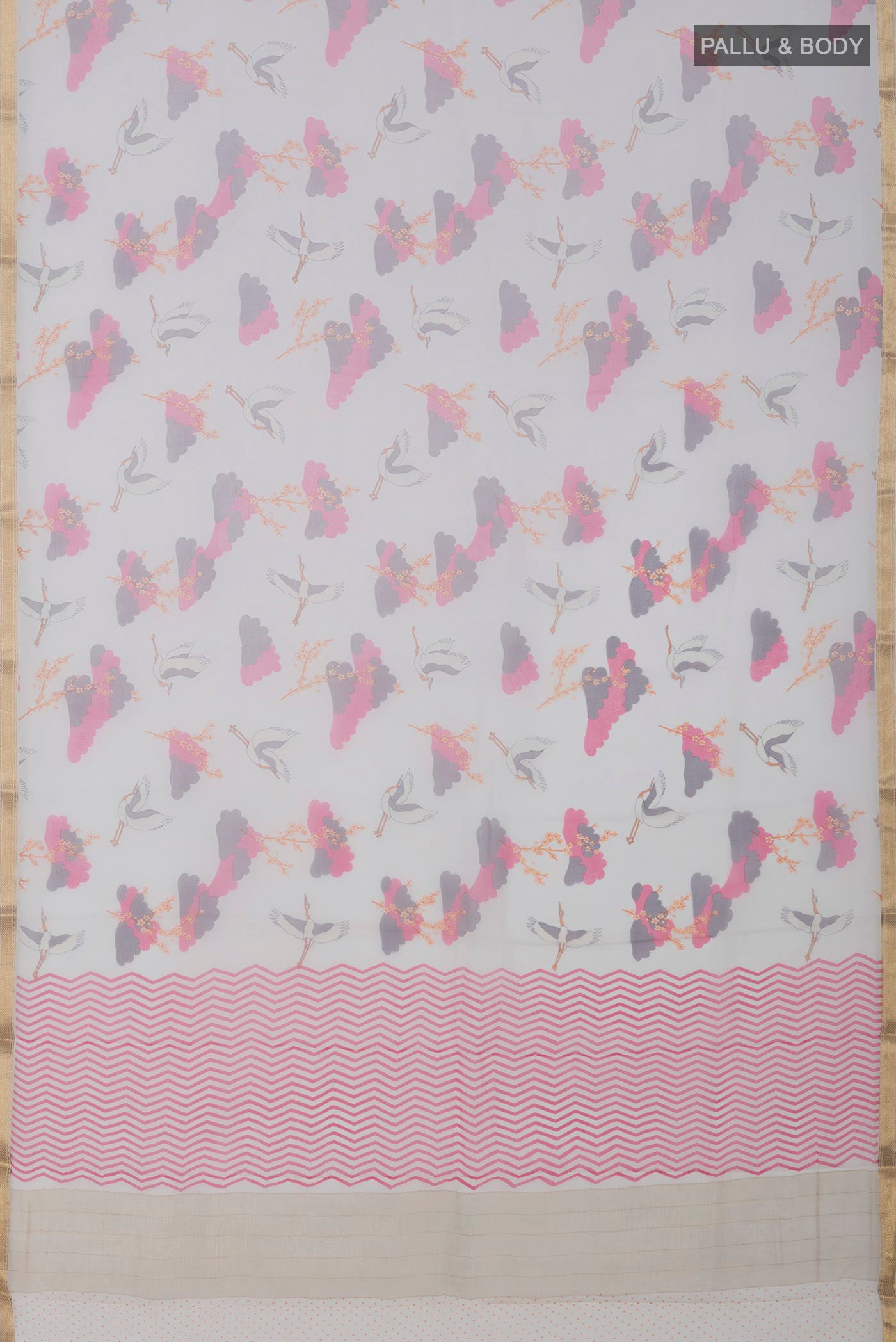 Flat view of White Chiffon Saree with Printed design on the body and Thin Zari Line. 