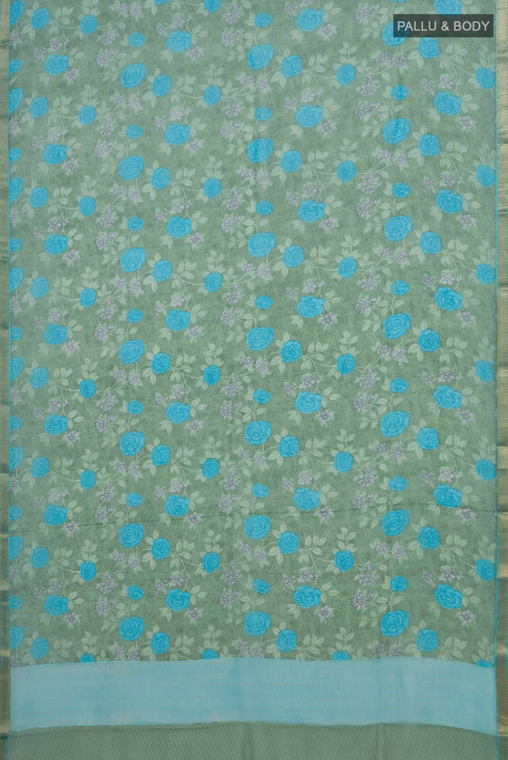 Flat view of Green Mysore Chiffon Saree with Floral Print on the body and Zari Border. 