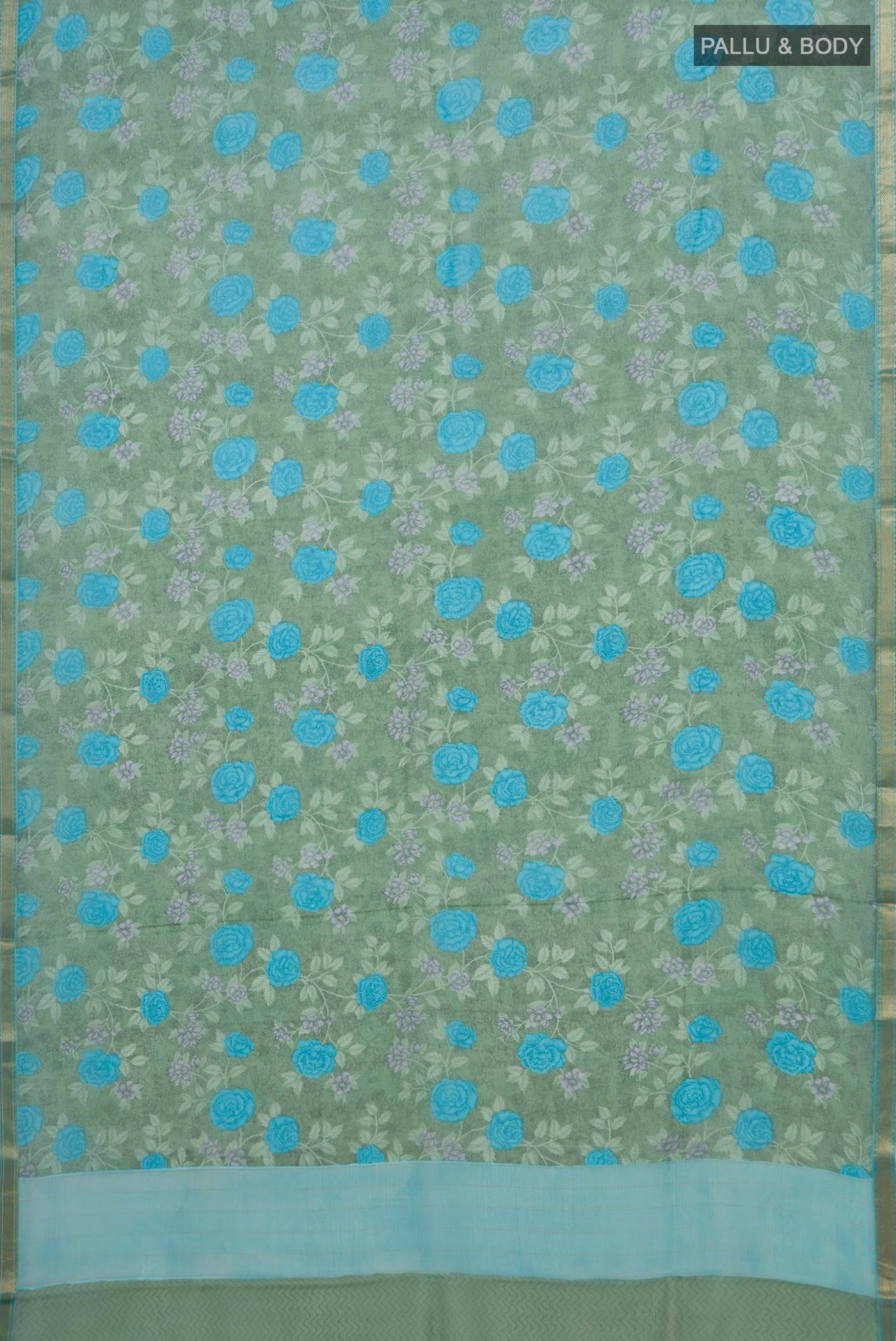 Flat view of Green Mysore Chiffon Saree with Floral Print on the body and Zari Border. 