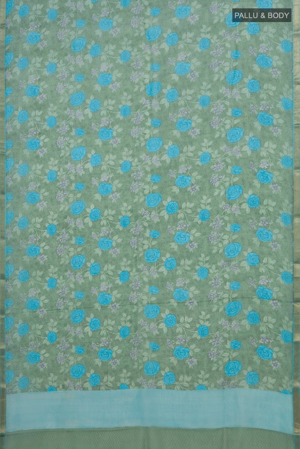 Flat view of Green Mysore Chiffon Saree with Floral Print on the body and Zari Border. 