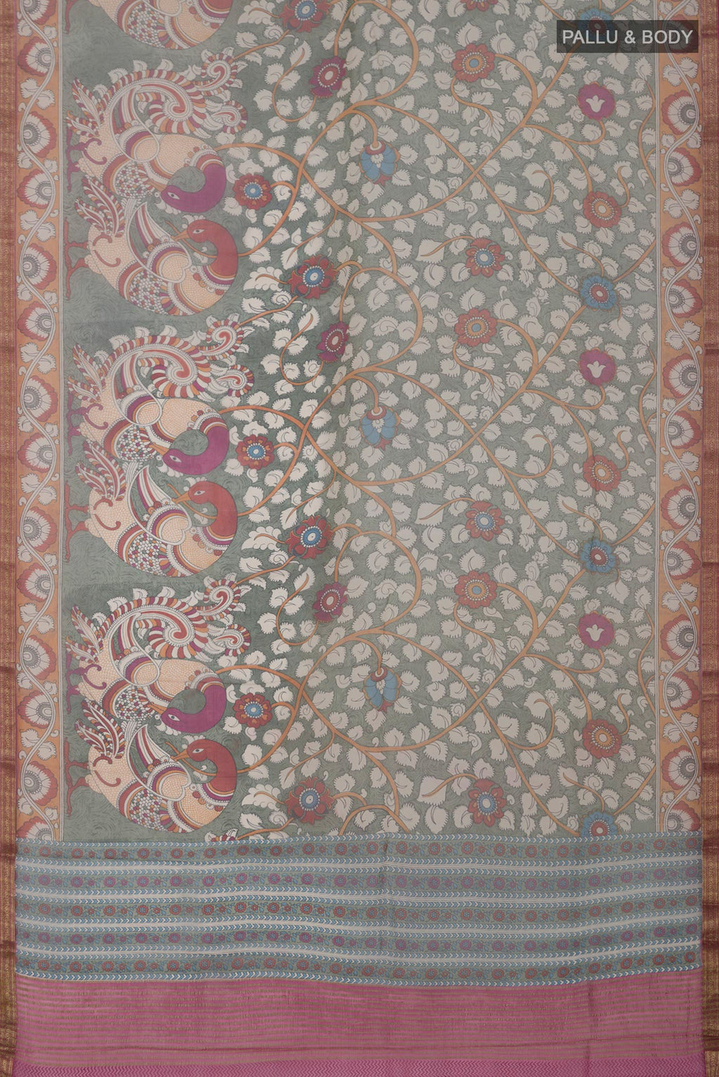 Flat view of Light Green Chiffon Saree with Printed design on the body and Zari Border. 