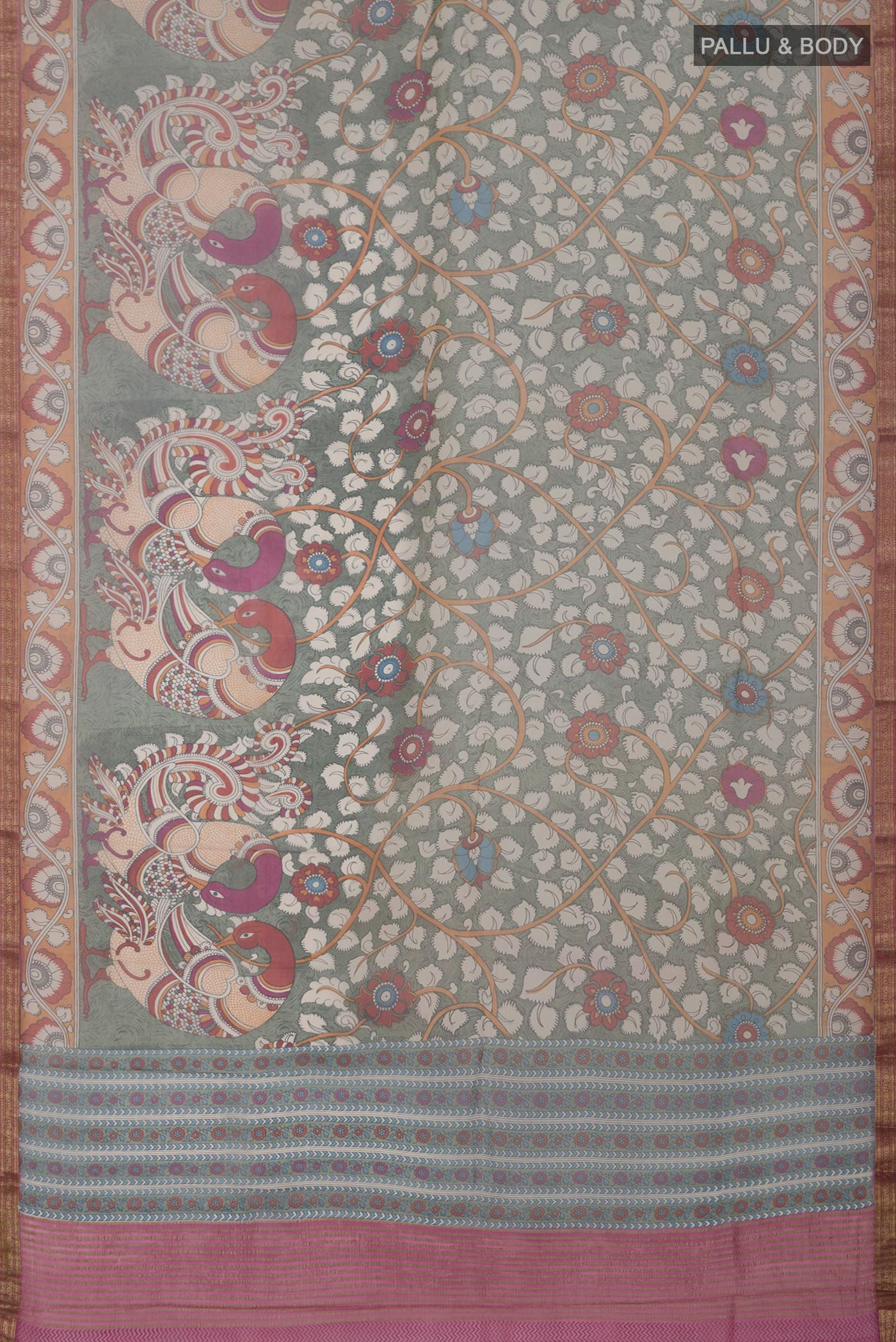 Flat view of Light Green Chiffon Saree with Printed design on the body and Zari Border. 