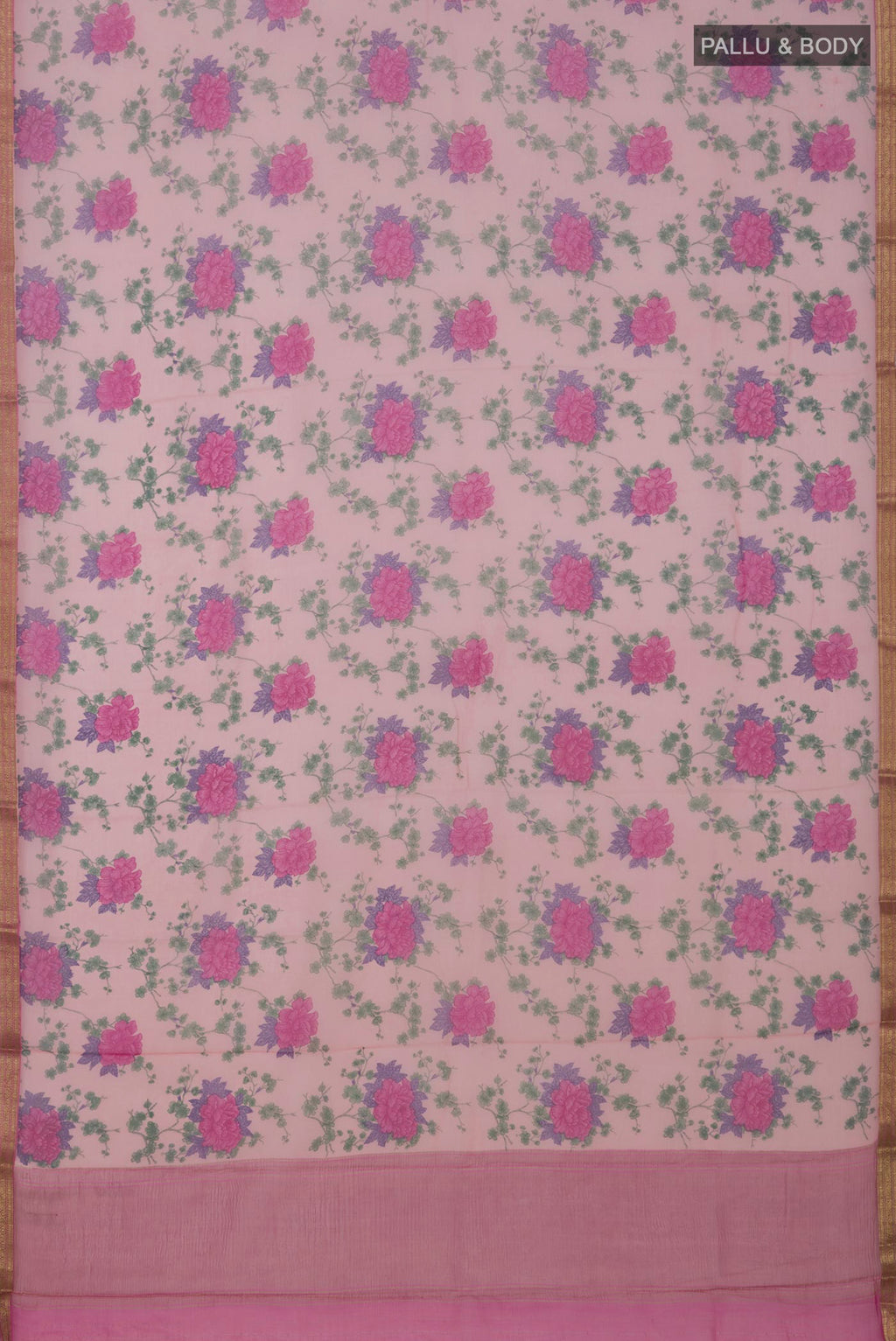 Flat view of Pink Chiffon Saree with Printed design on the body and Zari Border. 