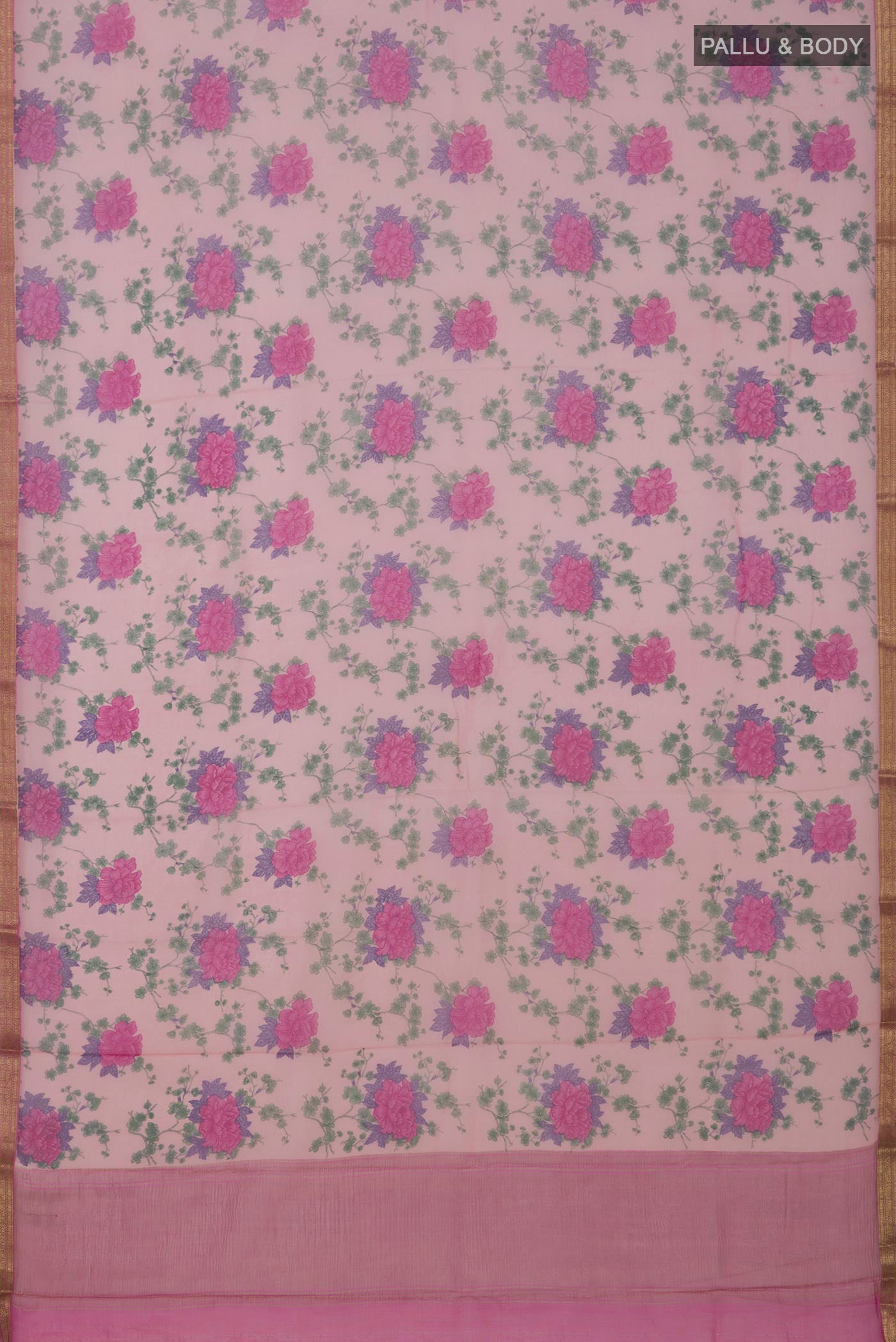 Flat view of Pink Chiffon Saree with Printed design on the body and Zari Border. 