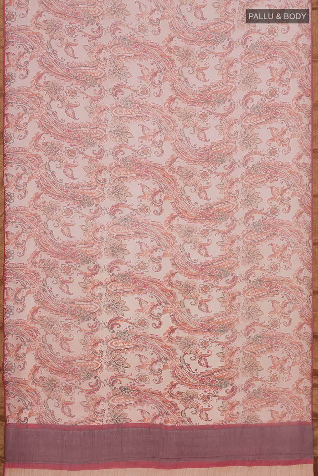 Flat view of Cream Chiffon Saree with Printed design on the body and Zari Border. 