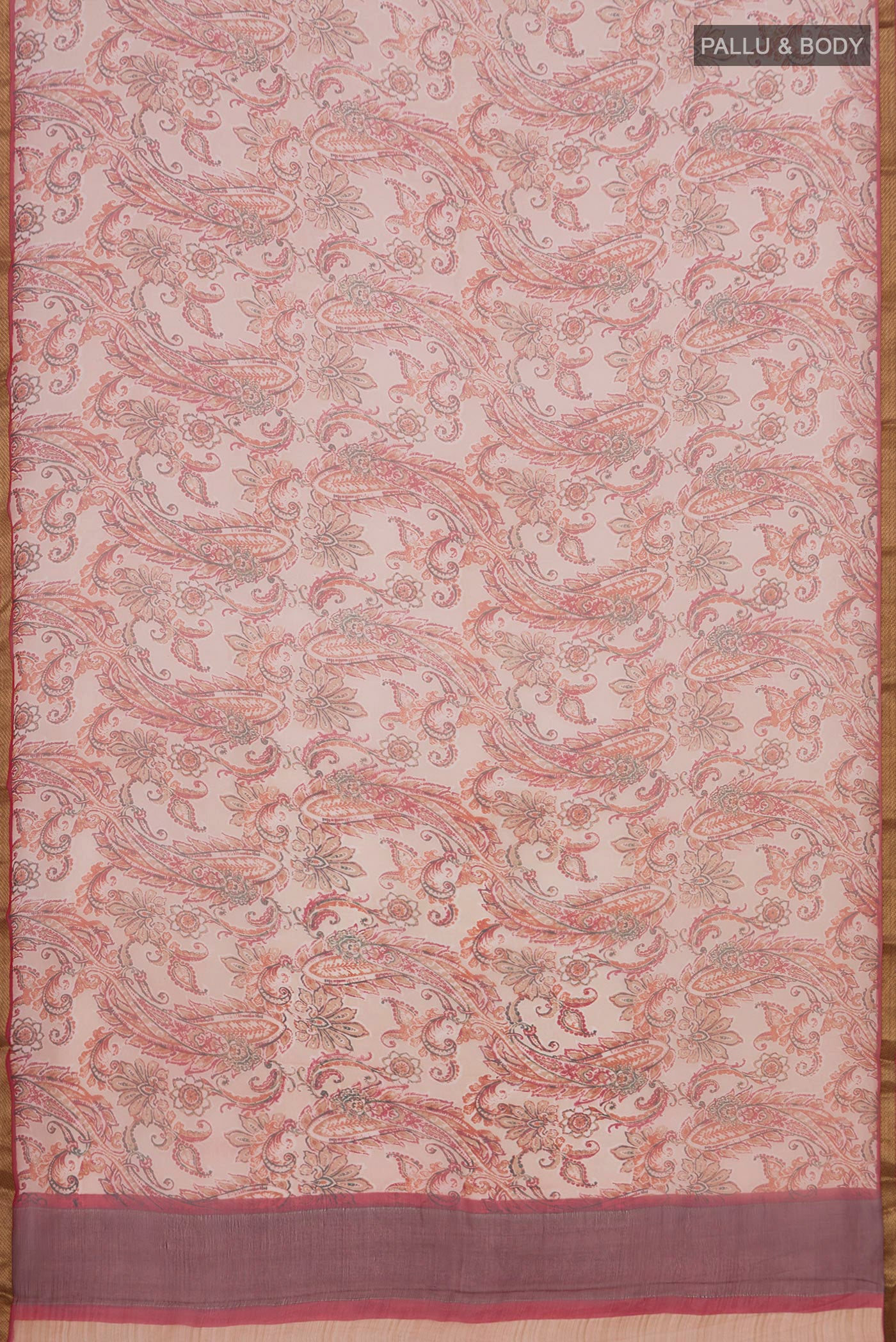 Flat view of Cream Chiffon Saree with Printed design on the body and Zari Border. 