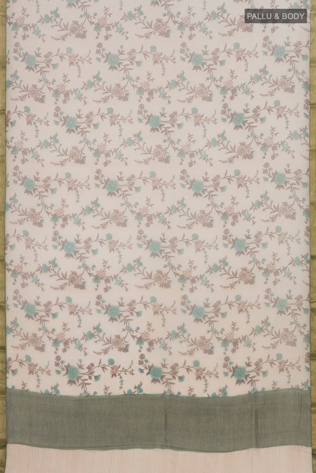Flat view of Cream Chiffon Saree with Printed design on the body and Zari Border. 