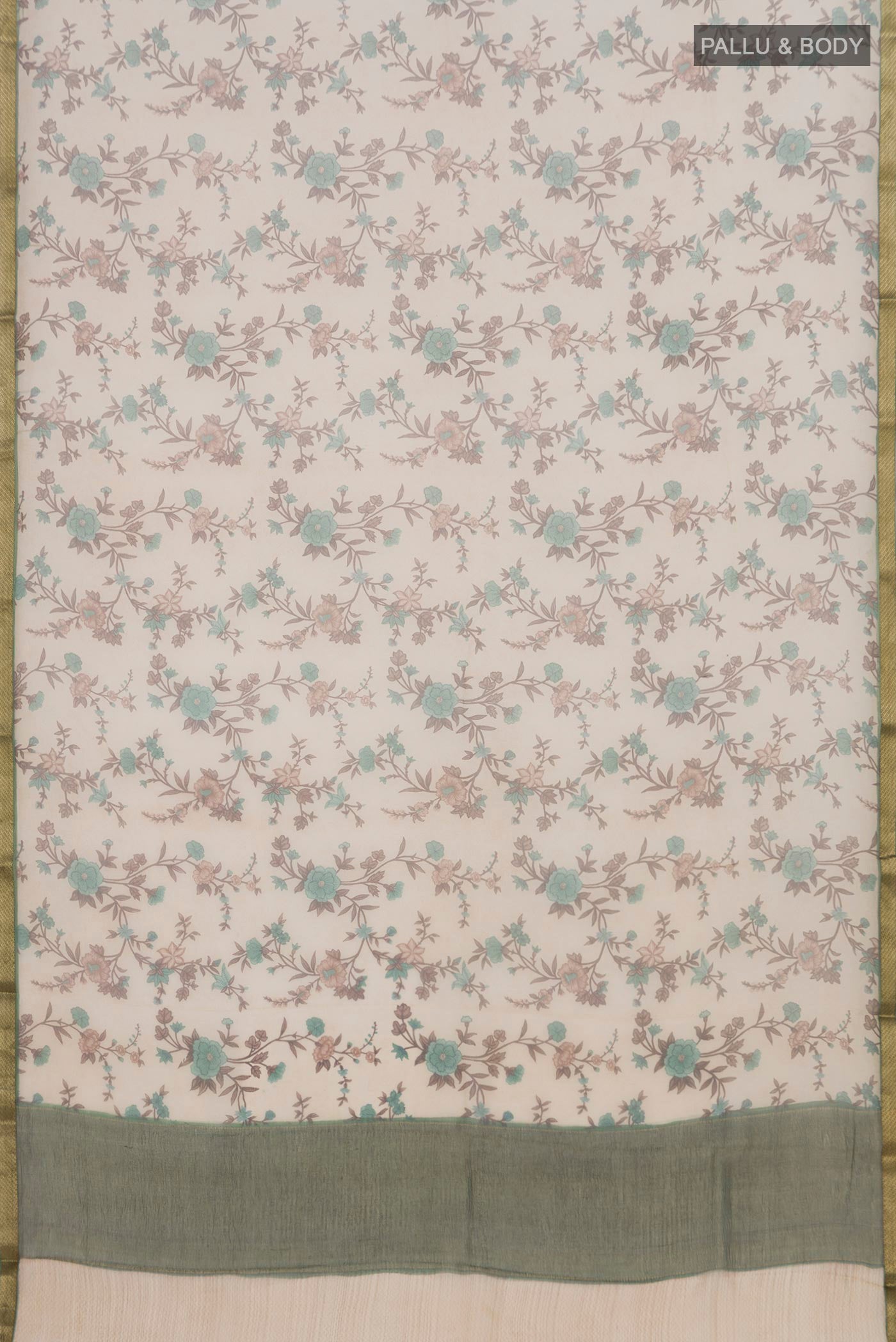 Flat view of Cream Chiffon Saree with Printed design on the body and Zari Border. 