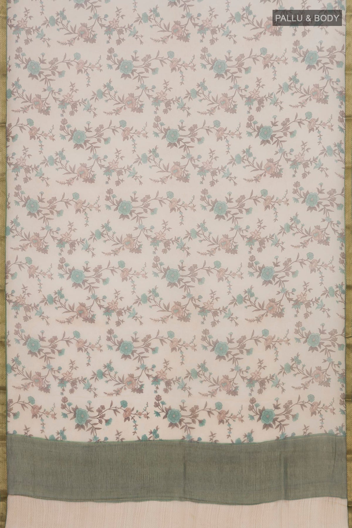 Flat view of Cream Chiffon Saree with Printed design on the body and Zari Border. 