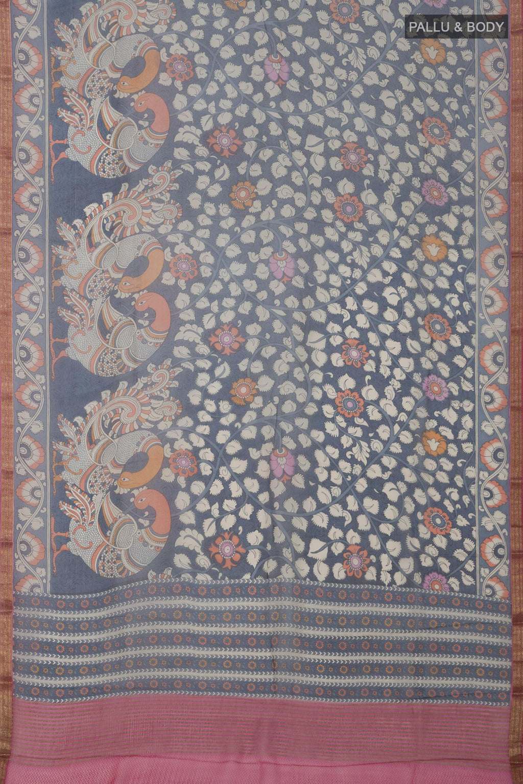 Flat view of Blue Chiffon Saree with Printed design on the body and Thin Zari Line. 