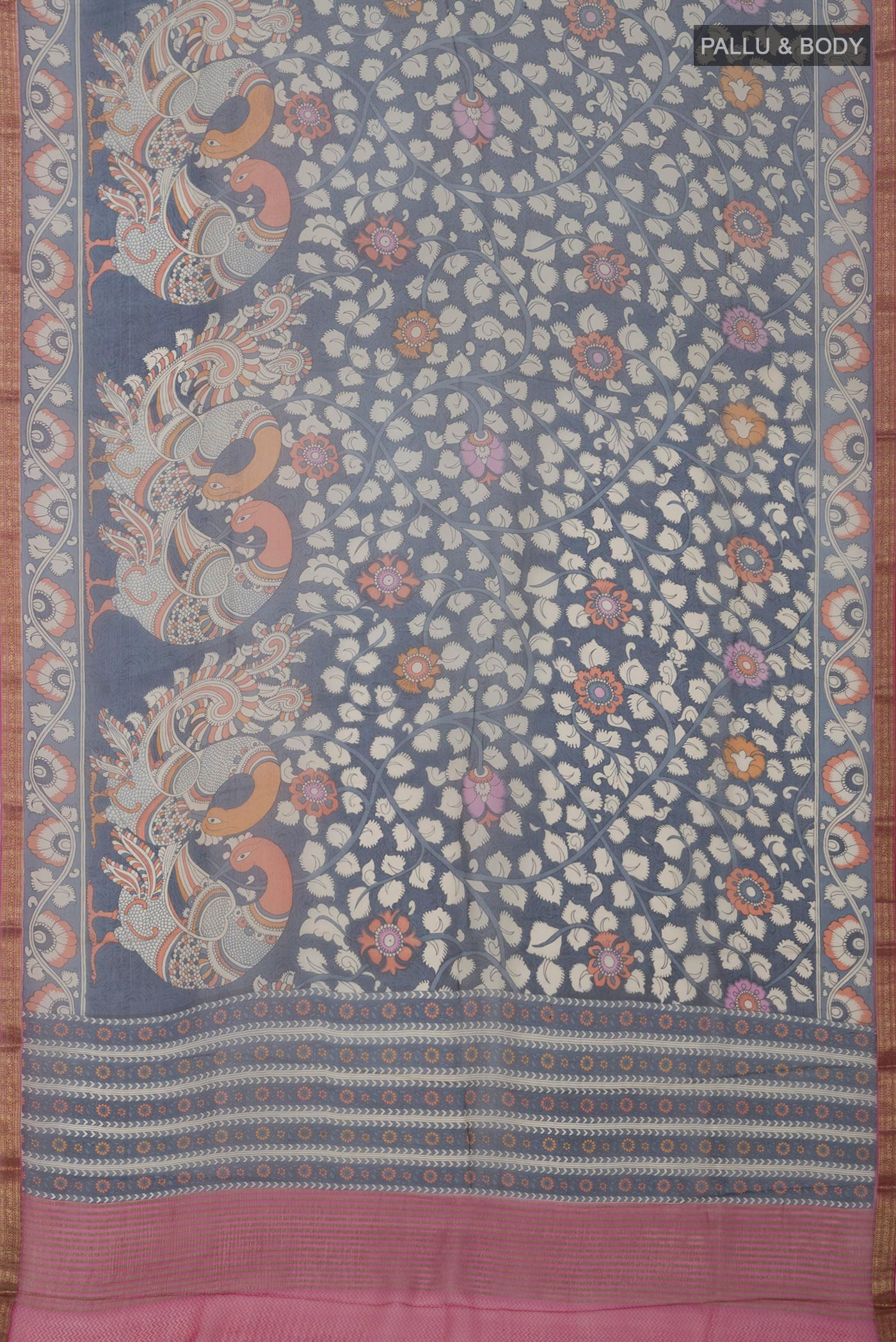 Flat view of Blue Chiffon Saree with Printed design on the body and Thin Zari Line. 