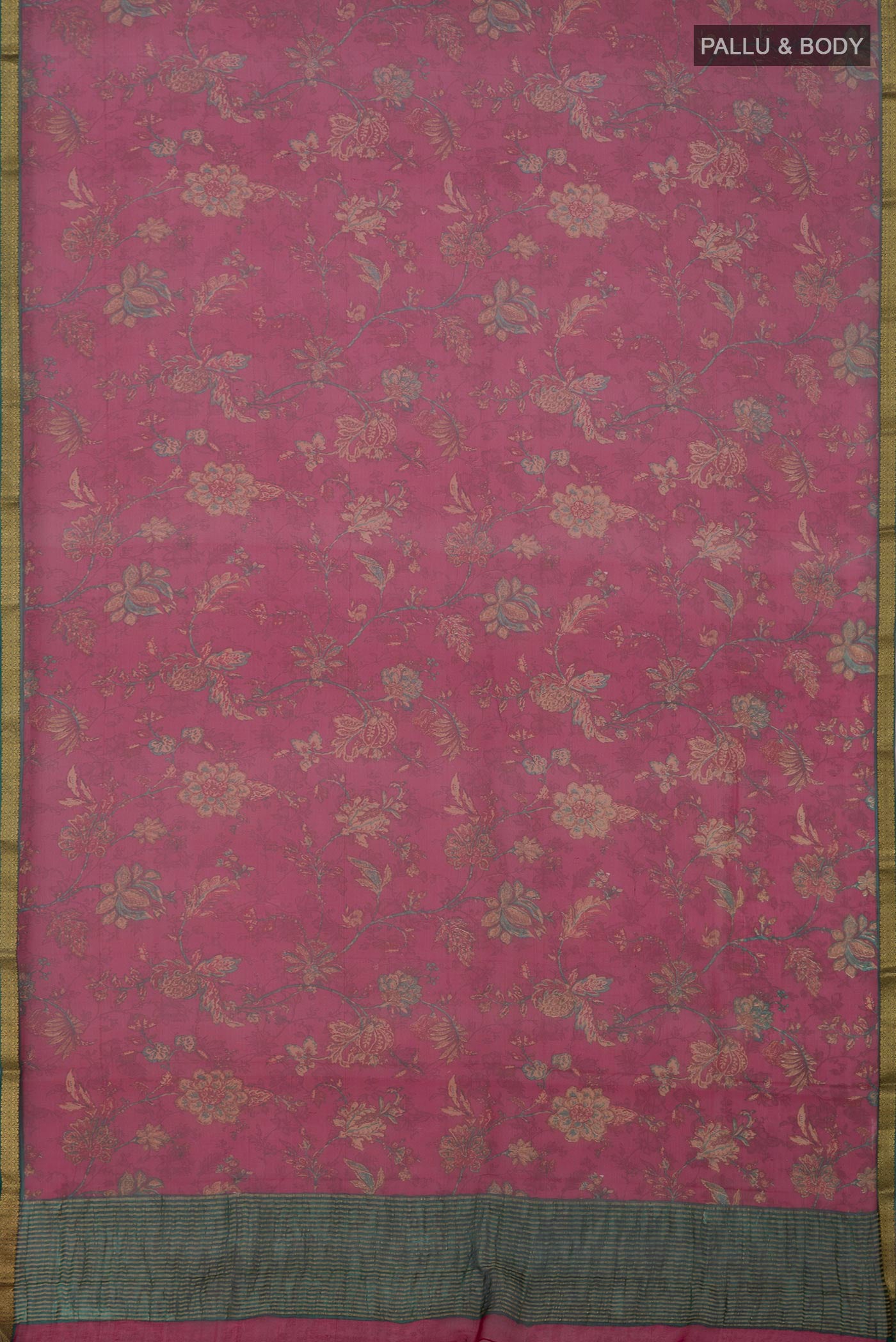 Flat view of Maroon Chiffon Saree with Printed design on the body and Thin Zari Line. 