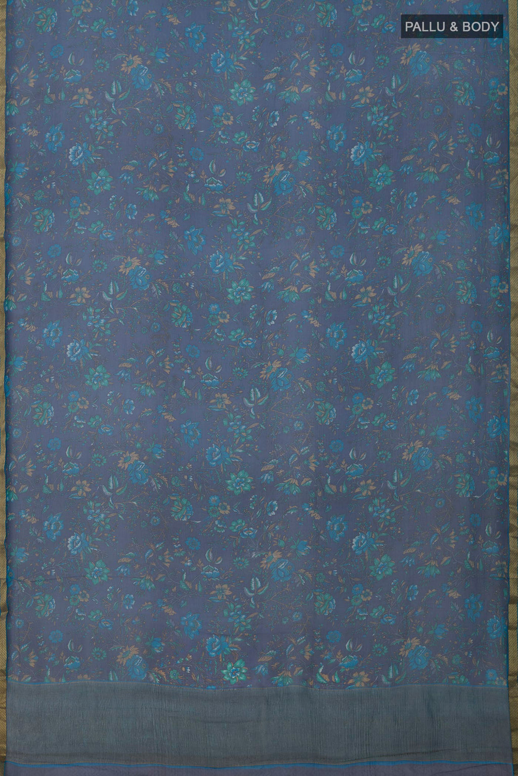 Flat view of Blue Chiffon Saree with Printed design on the body and Zari Border. 