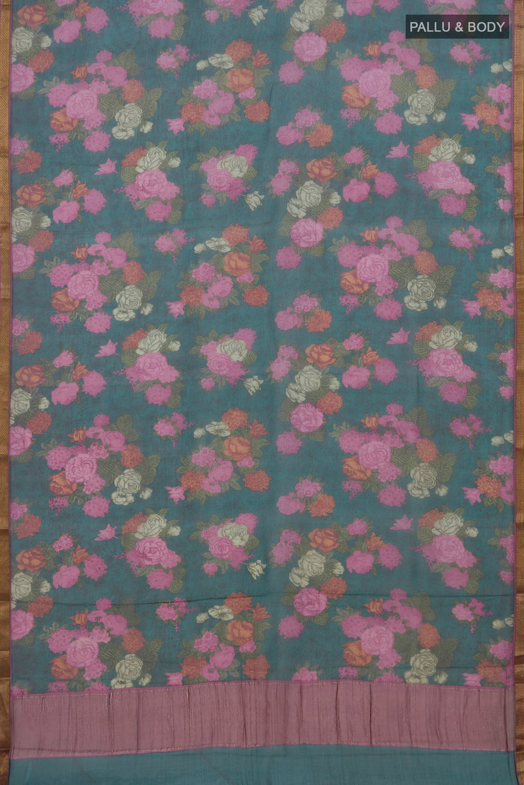 Flat view of Green Mysore Chiffon Saree with Floral Print on the body and Zari Border. 