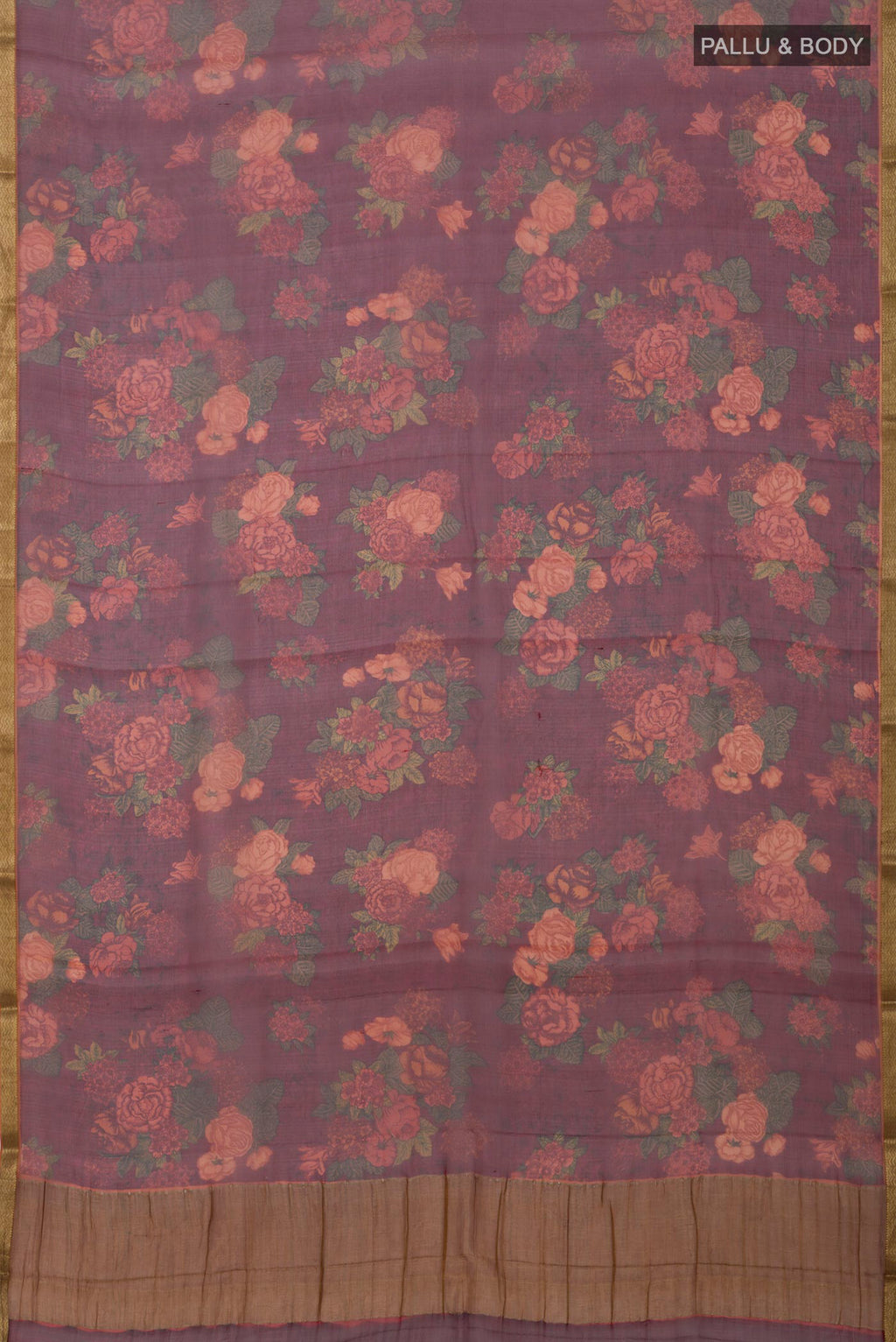Flat view of Maroon Chiffon Saree with Printed design on the body and Zari Border. 