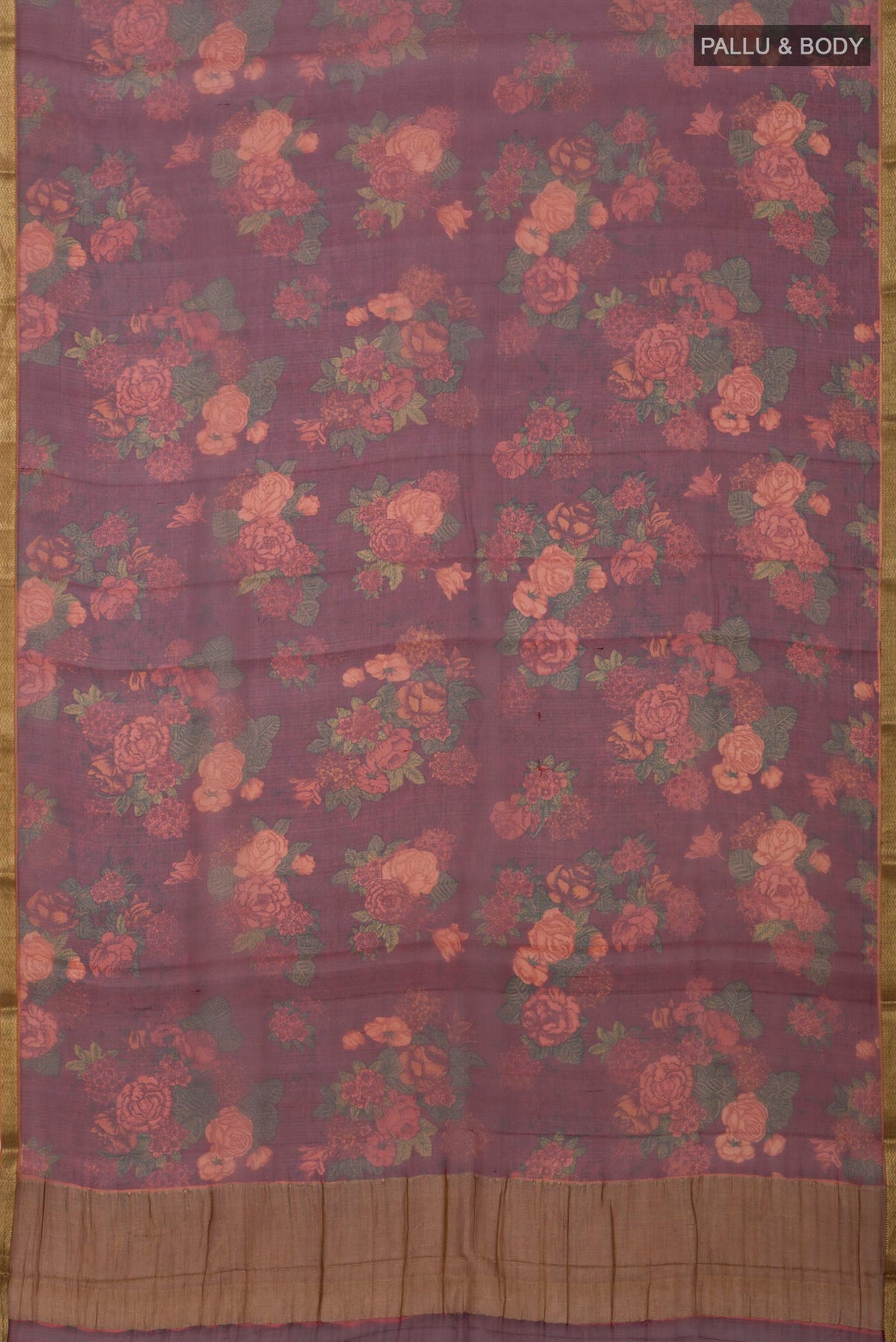 Flat view of Maroon Chiffon Saree with Printed design on the body and Zari Border. 