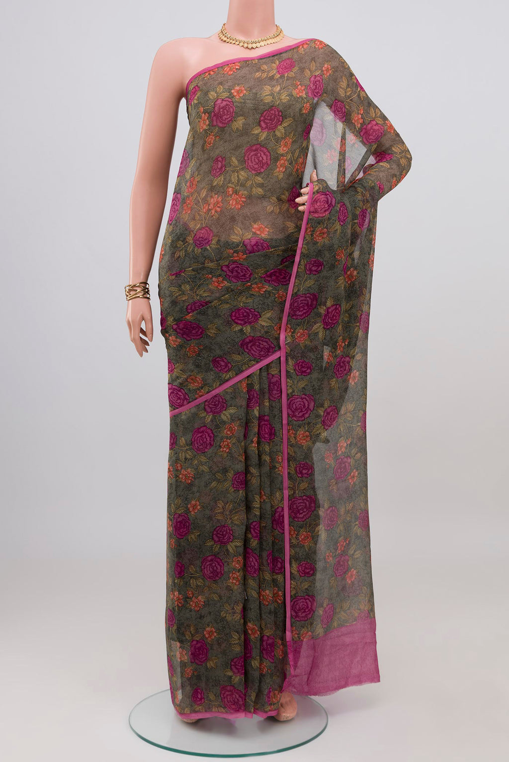 Grey Mysore Chiffon Saree with Floral Print on the body and Without Border.  displayed on a mannequin