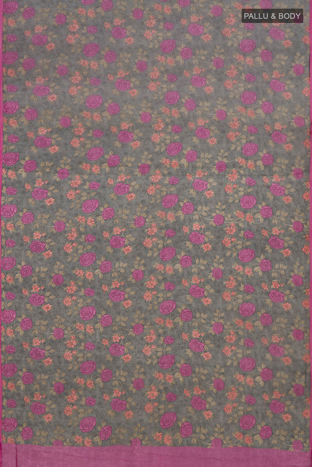 Flat view of Grey Mysore Chiffon Saree with Floral Print on the body and Without Border. 