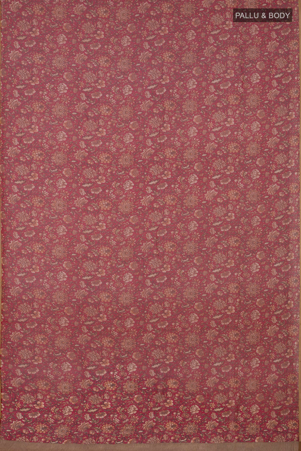 Flat view of Red Chiffon Saree with Printed design on the body and Plain Border. 