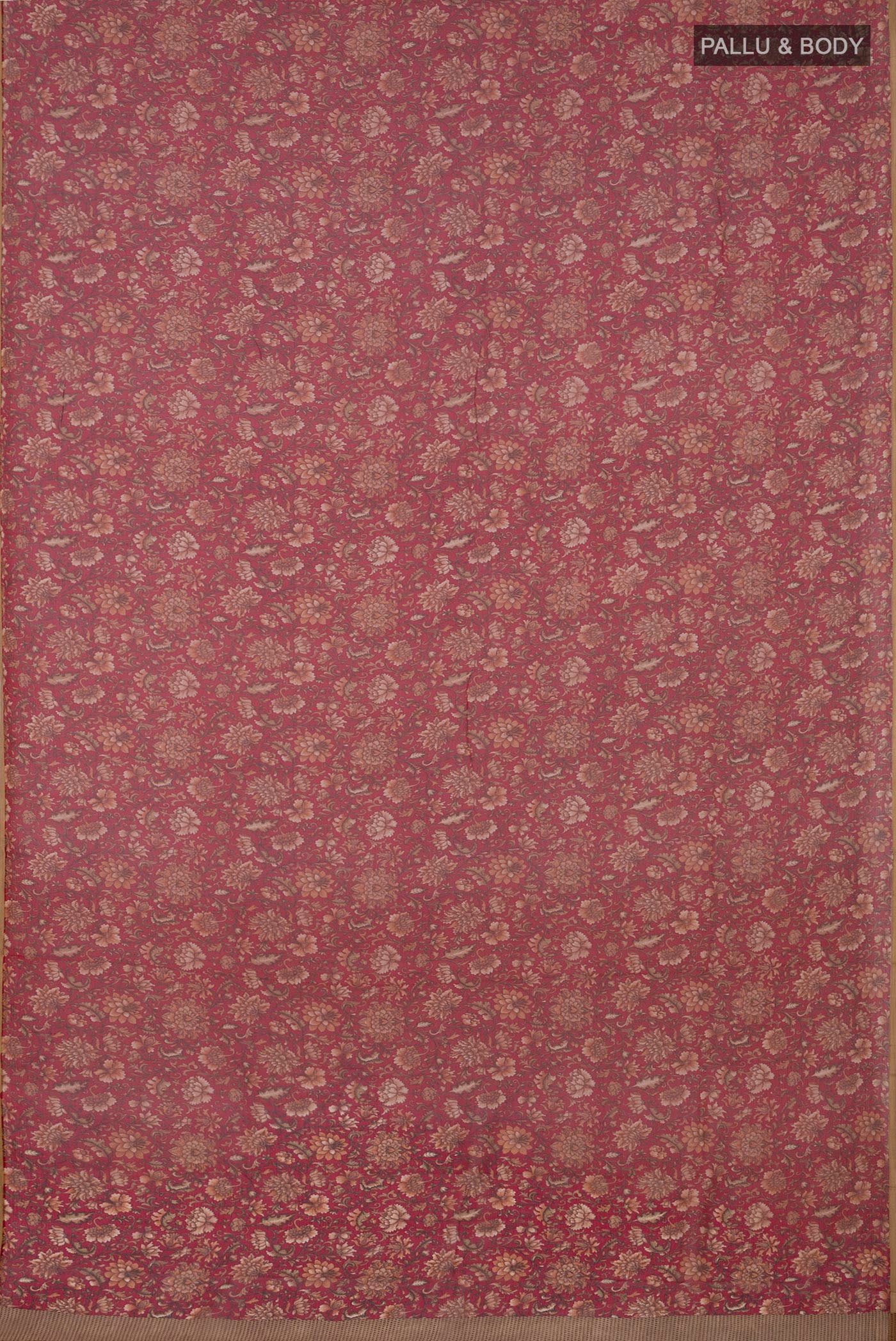 Flat view of Red Chiffon Saree with Printed design on the body and Plain Border. 