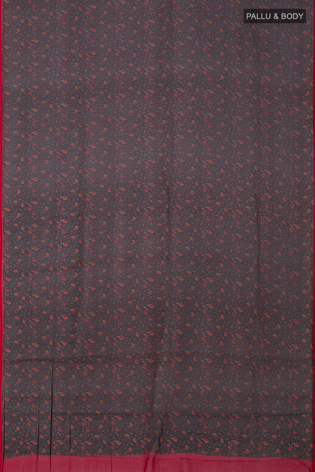 Flat view of Black Chiffon Saree with Printed design on the body and Plain Border. 