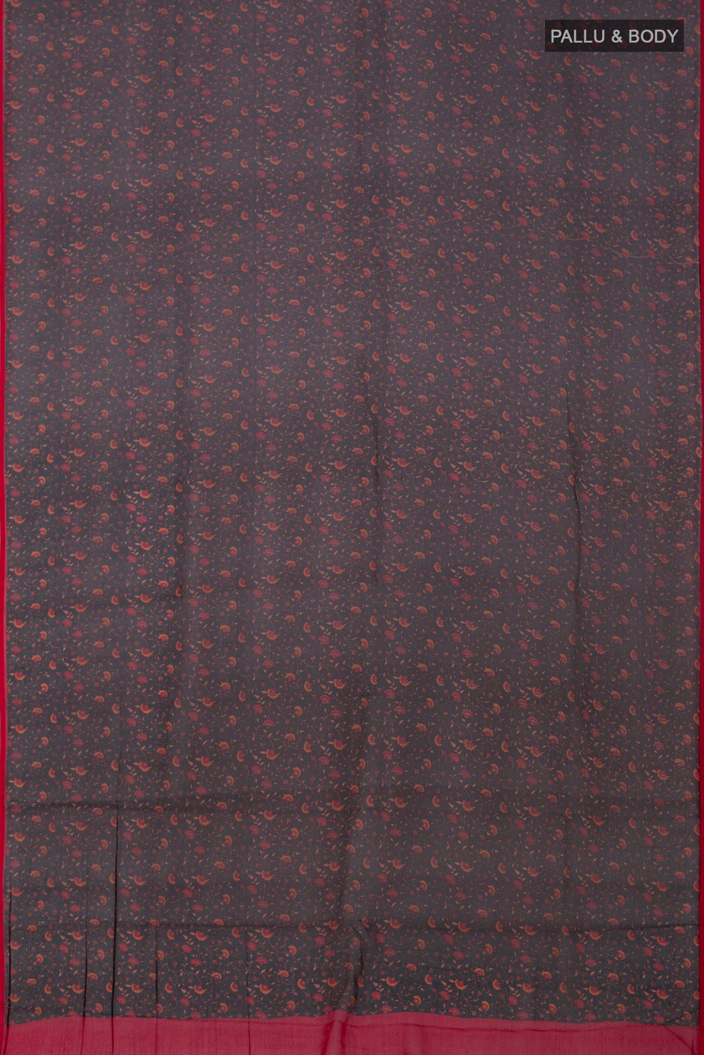 Flat view of Black Chiffon Saree with Printed design on the body and Plain Border. 