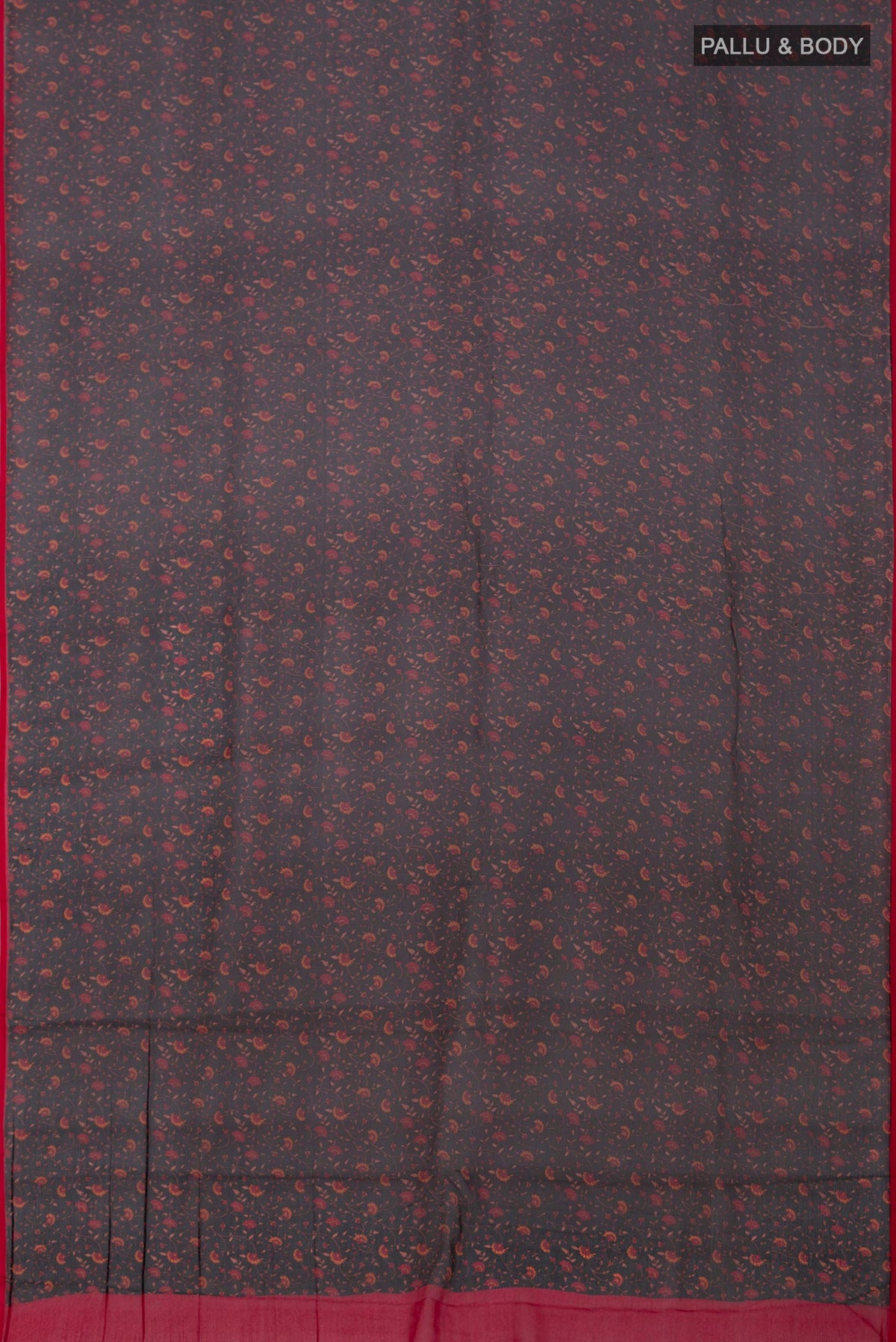 Flat view of Black Chiffon Saree with Printed design on the body and Plain Border. 