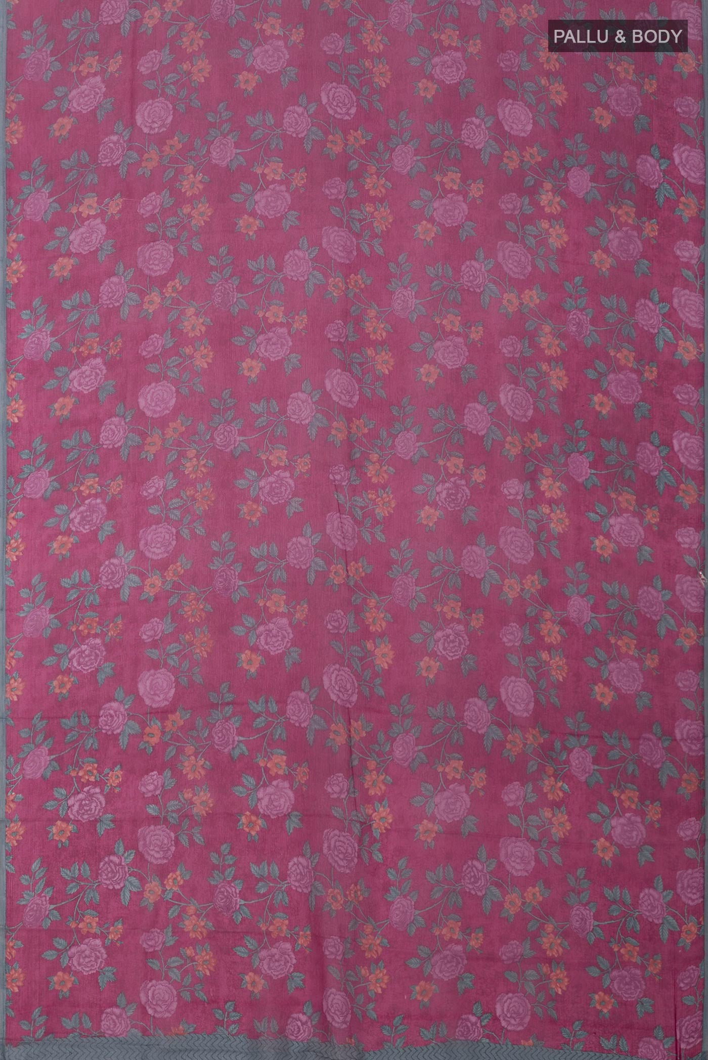 Flat view of Pink Chiffon Saree with Printed design on the body and Without Border. 