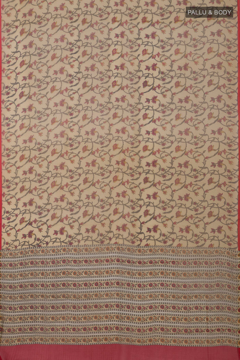 Flat view of Beige Mysore Chiffon Saree with Printed design on the body and Without Border. 