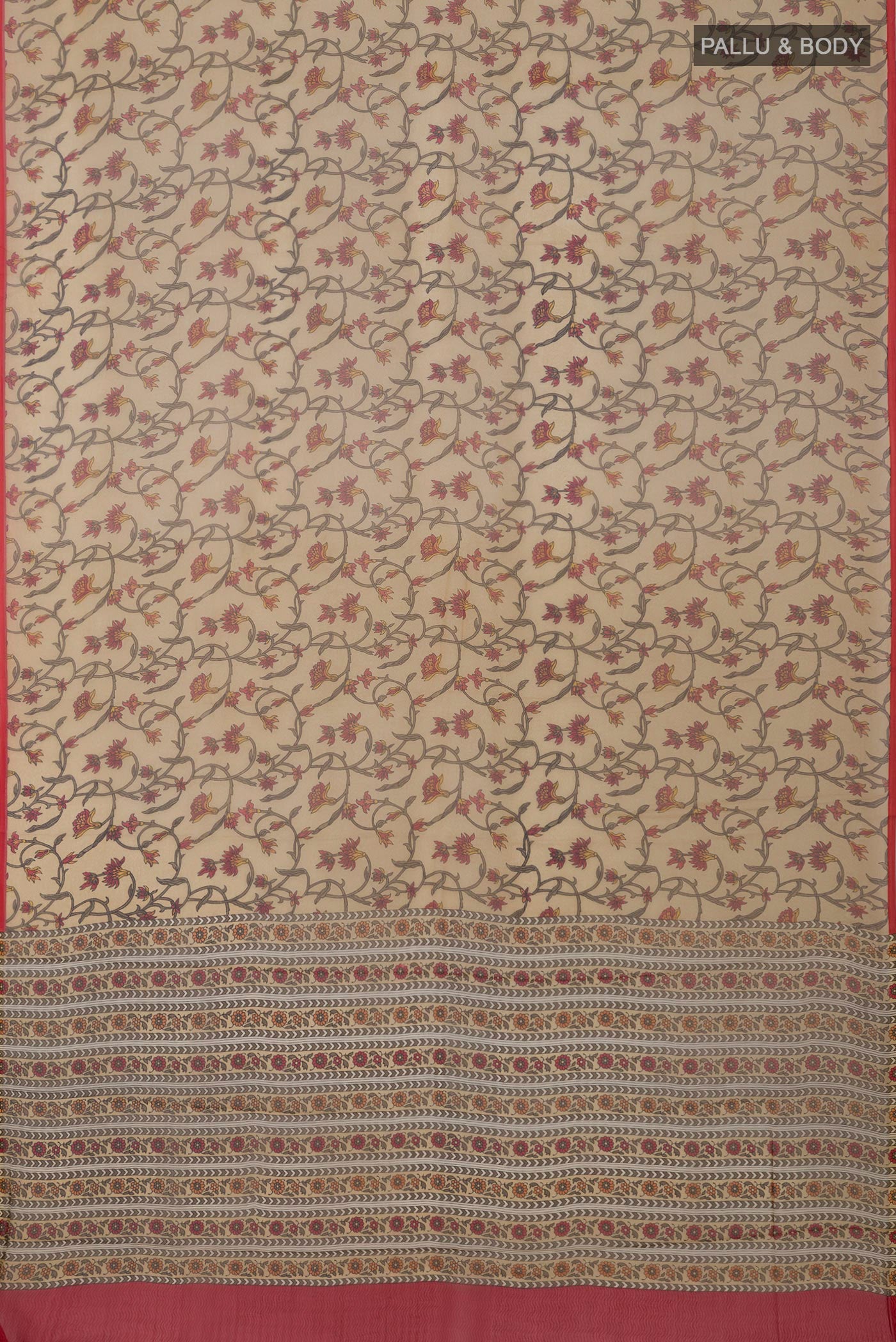 Flat view of Beige Mysore Chiffon Saree with Printed design on the body and Without Border. 