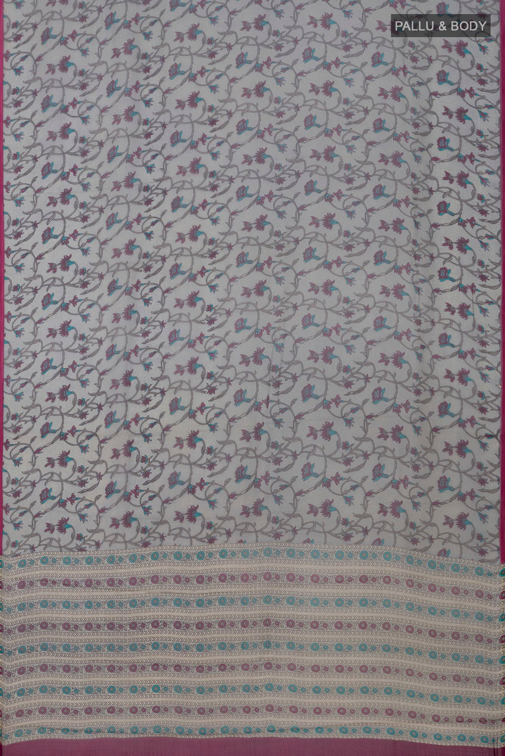 Flat view of Grey Chiffon Saree with Printed design on the body and Without Border. 