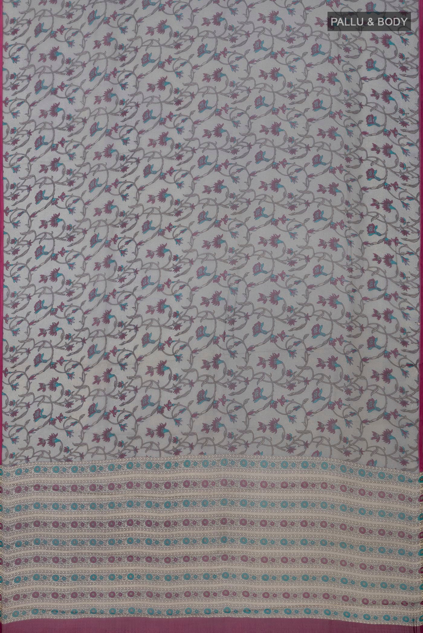 Flat view of Grey Chiffon Saree with Printed design on the body and Without Border. 