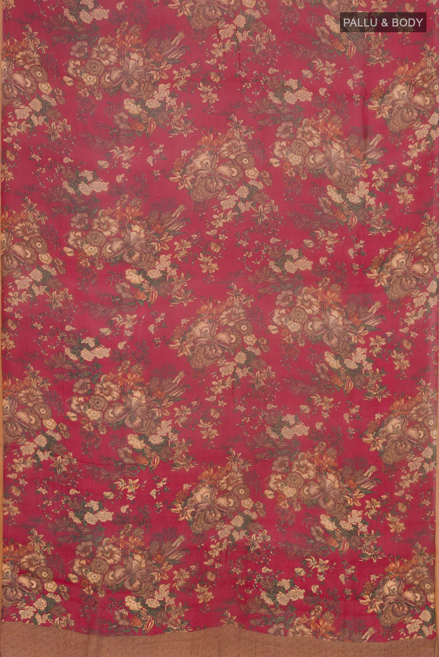 Flat view of Red Chiffon Saree with Printed design on the body and Without Border. 