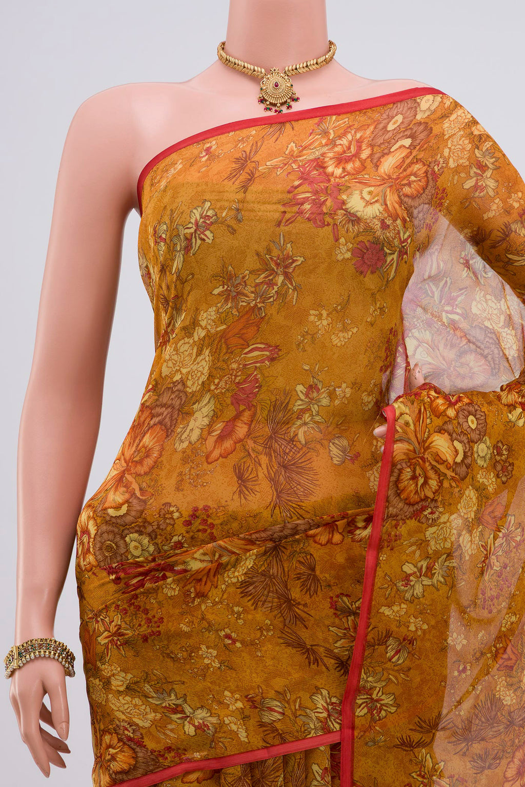 Border image of Mustard Chiffon Saree with Printed design on the body and Without Border. 