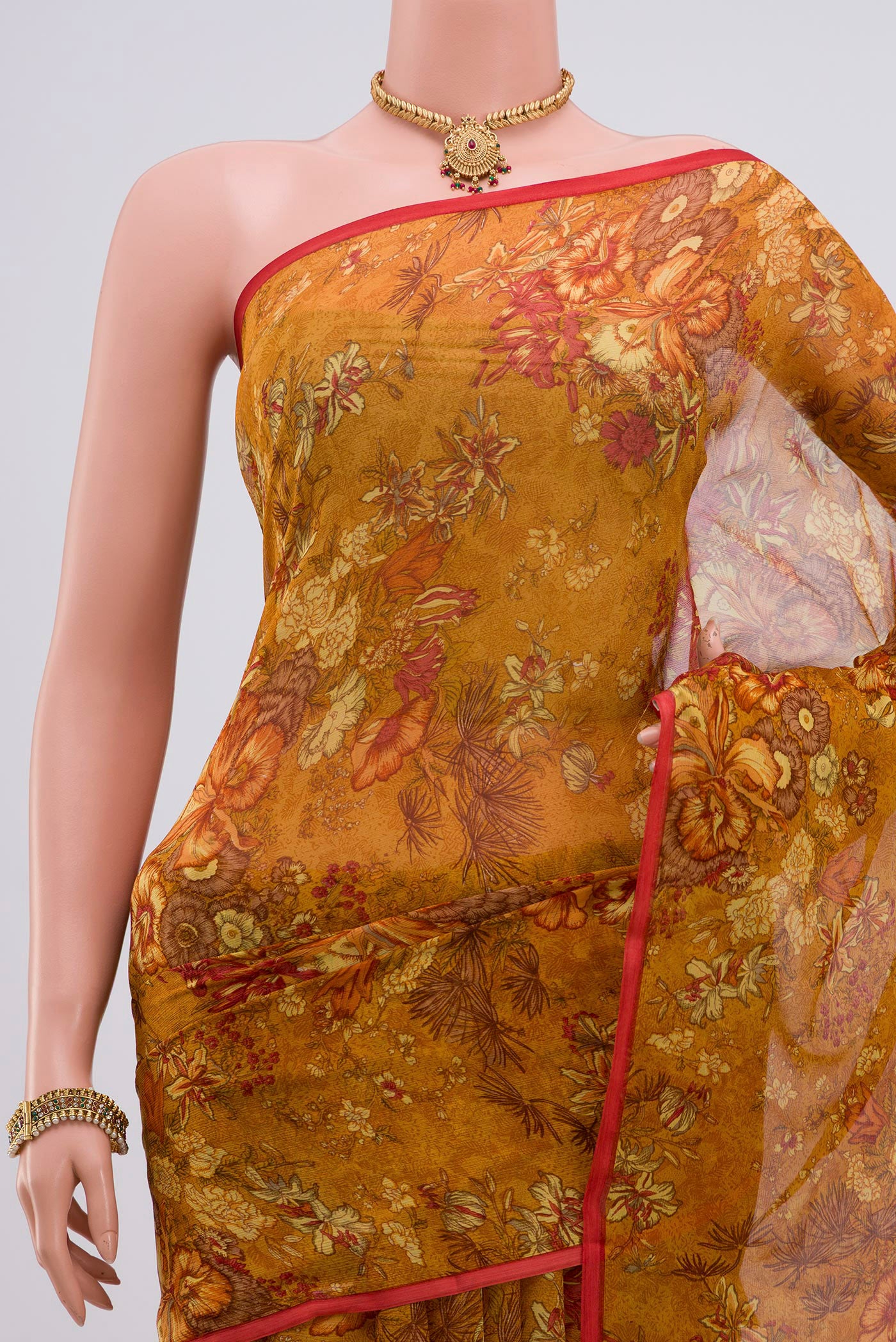 Border image of Mustard Chiffon Saree with Printed design on the body and Without Border. 