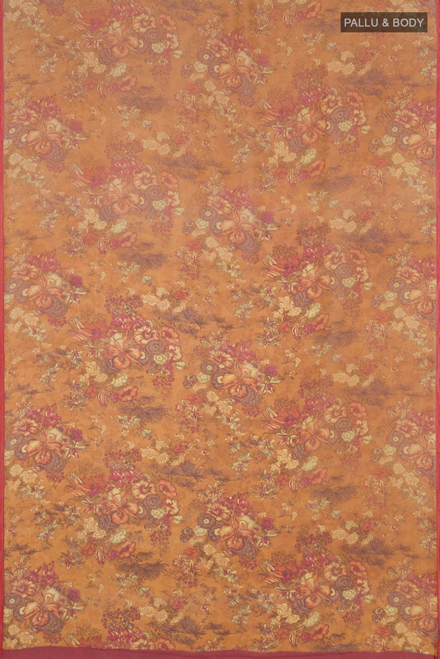 Flat view of Mustard Chiffon Saree with Printed design on the body and Without Border. 