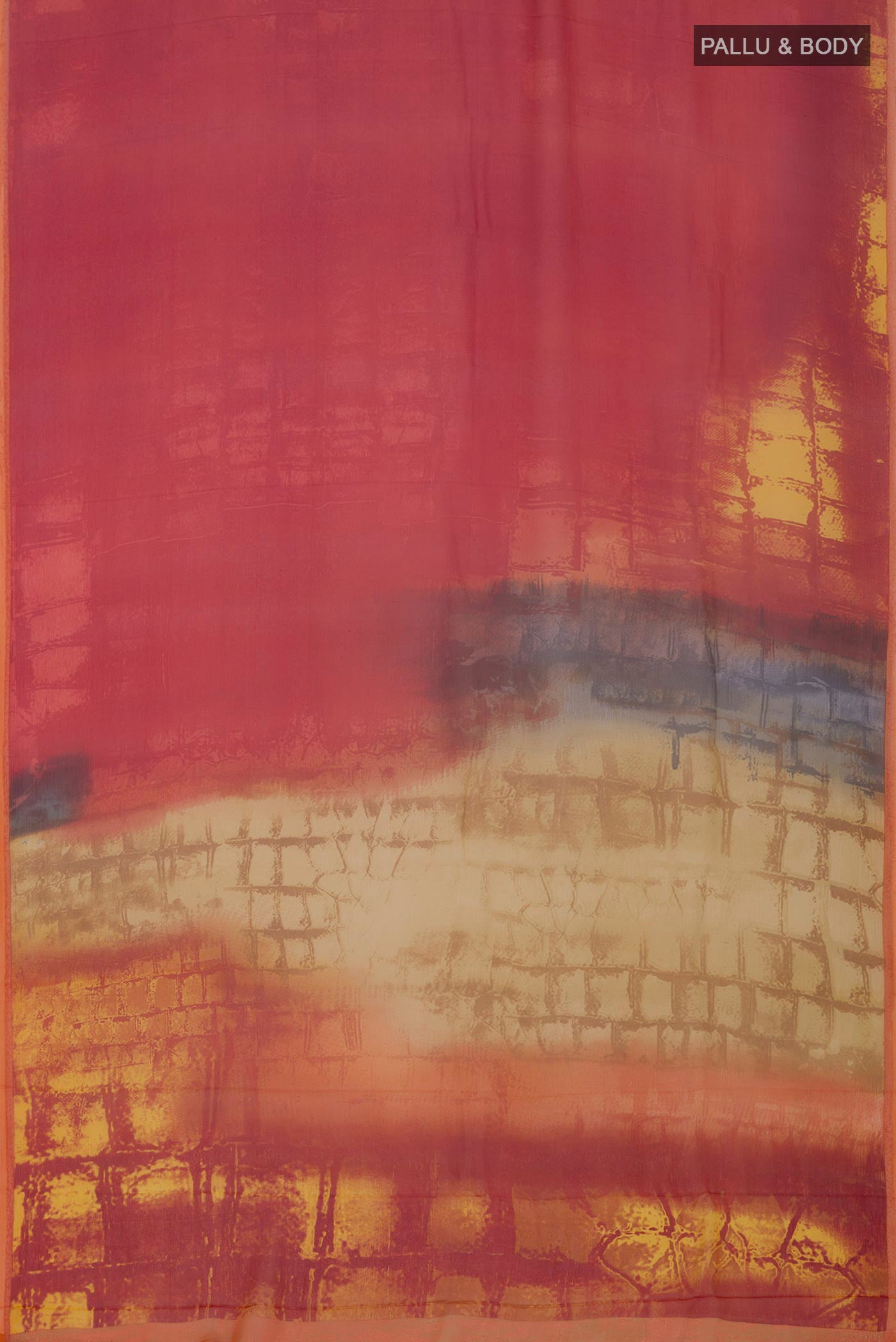 Flat view of Orange Chiffon Saree with Printed design on the body and Plain Border. 