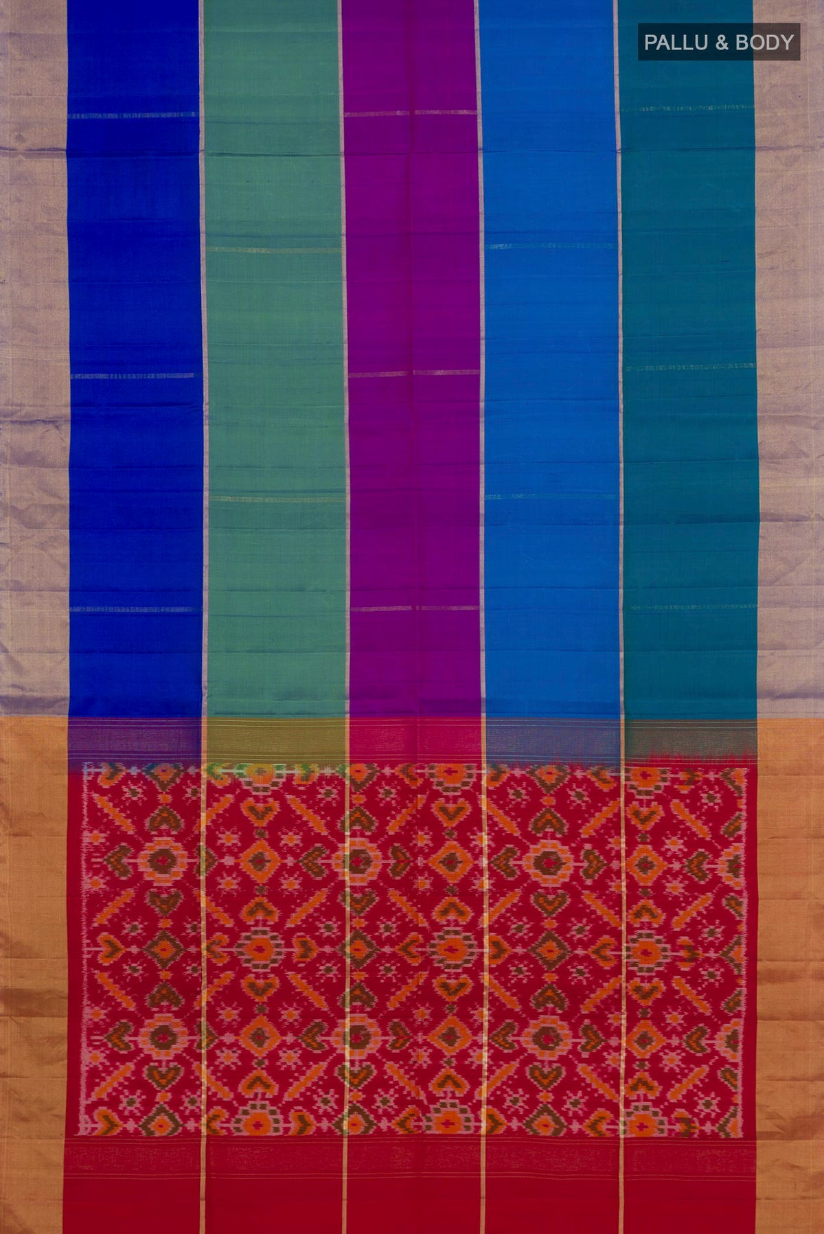 Flat view of Multi Color Soft Silk Saree with Stripes on the body and Zari Border. 