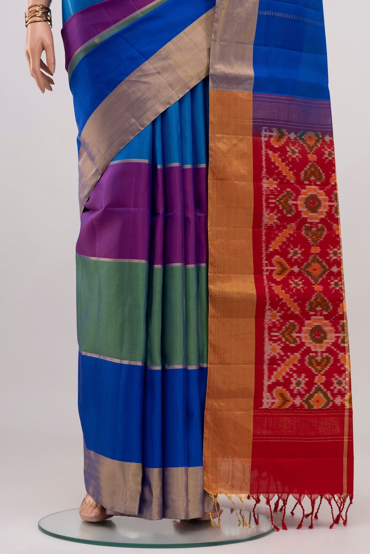Pleats and pallu of Multi Color Soft Silk Saree with Stripes on the body and Zari Border. 