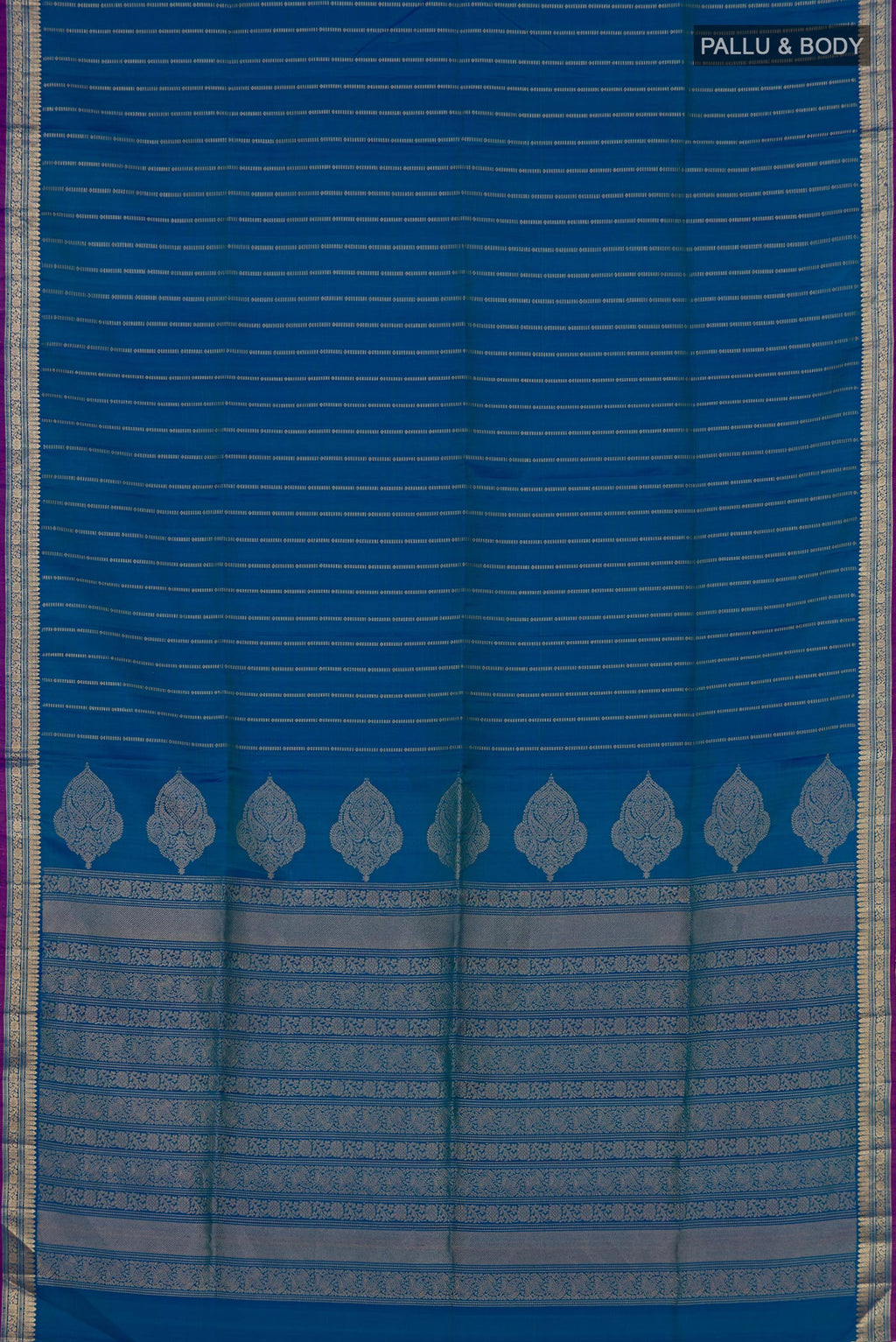 Flat view of Blue Soft Silk Saree with Stripes on the body and Zari Border. 
