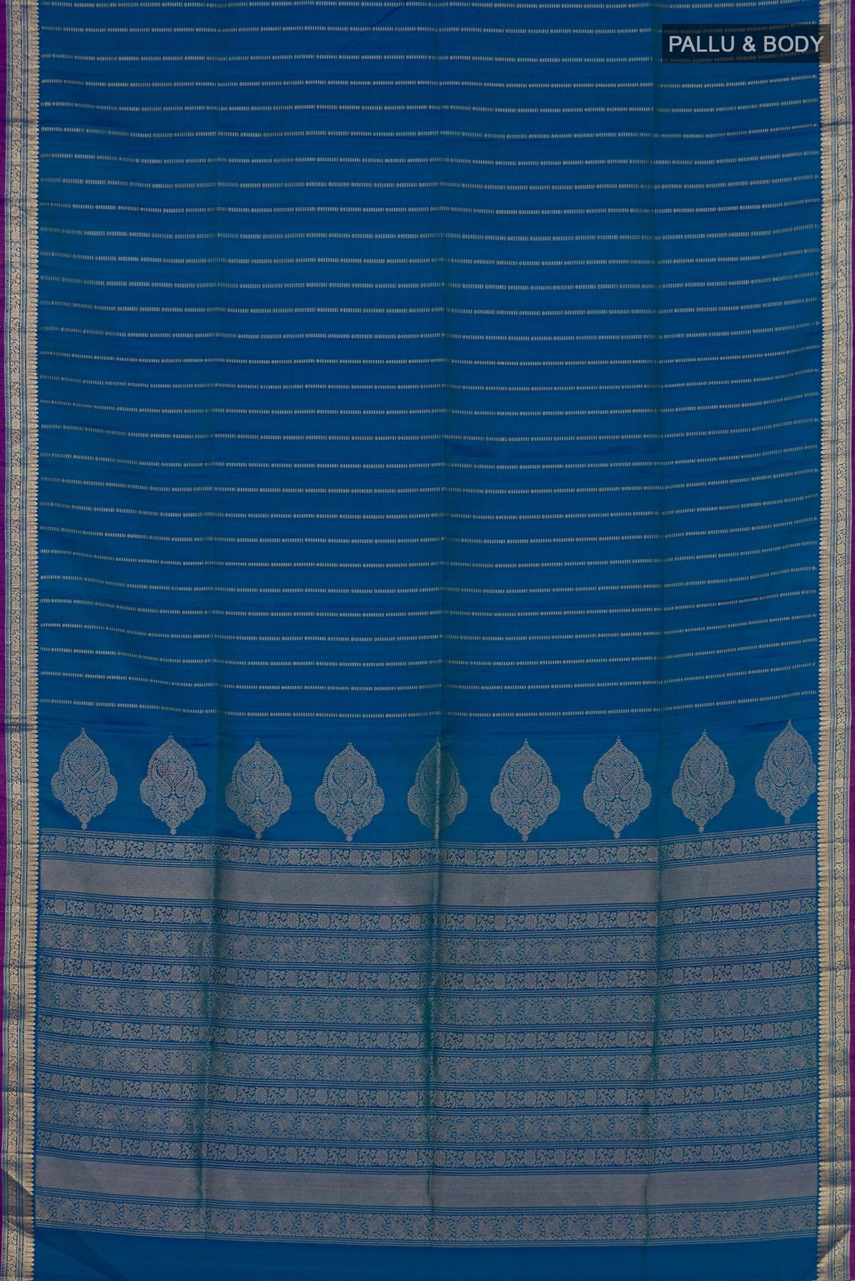 Flat view of Blue Soft Silk Saree with Stripes on the body and Zari Border. 