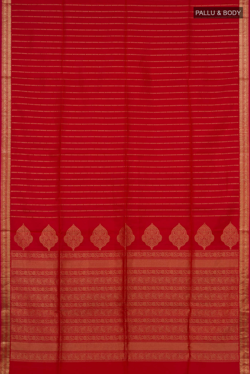 Flat view of Pure Silk Red Soft Saree with Stripes on the body and Zari Border. 