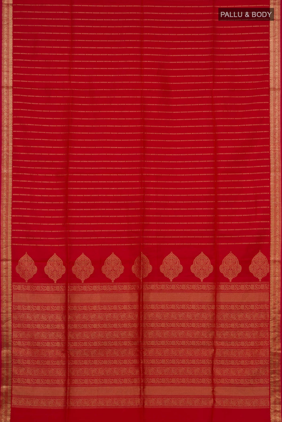Flat view of Pure Silk Red Soft Saree with Stripes on the body and Zari Border. 