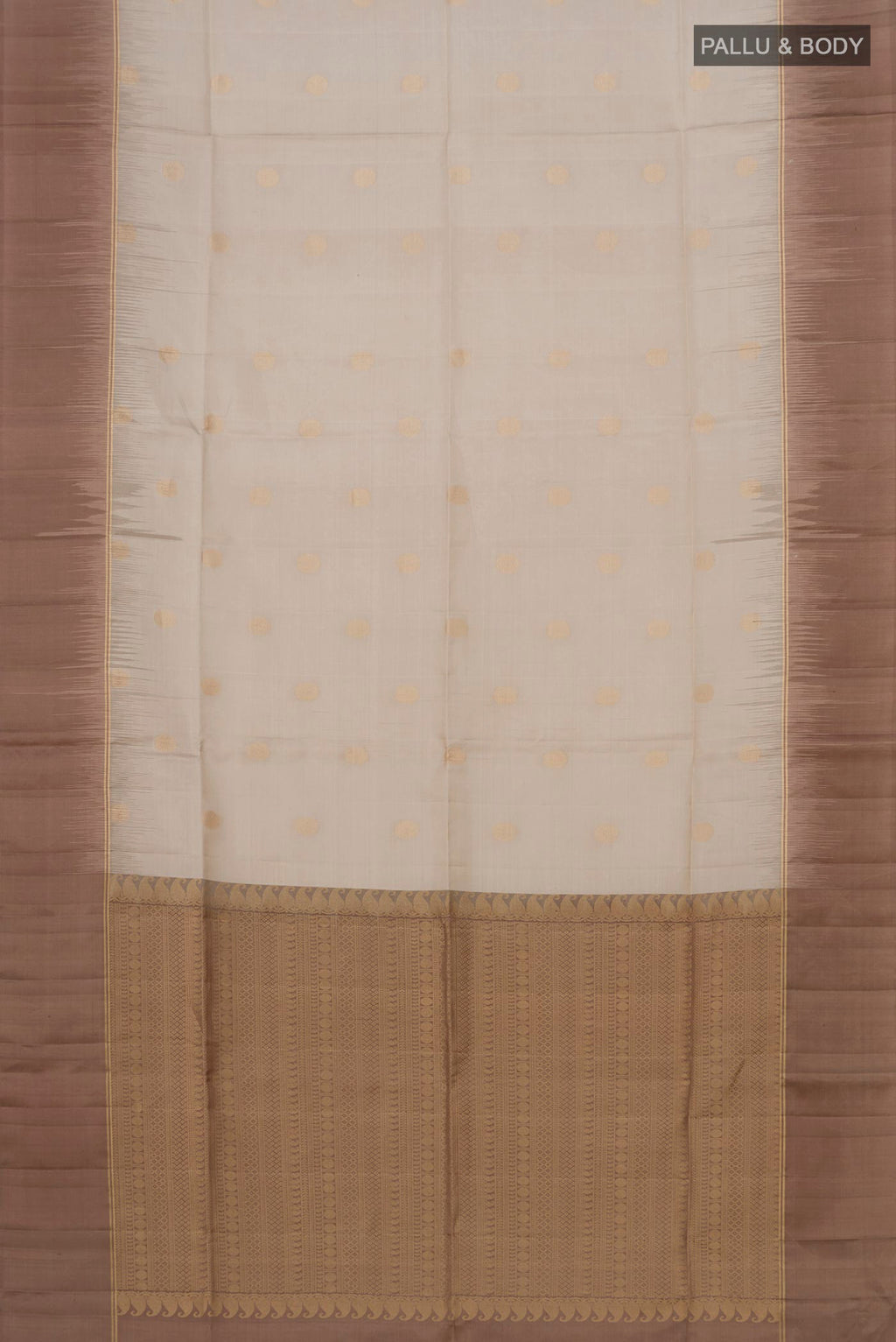 Flat view of Beige Soft Silk Saree with Zari Butta on the body and Plain Border. 